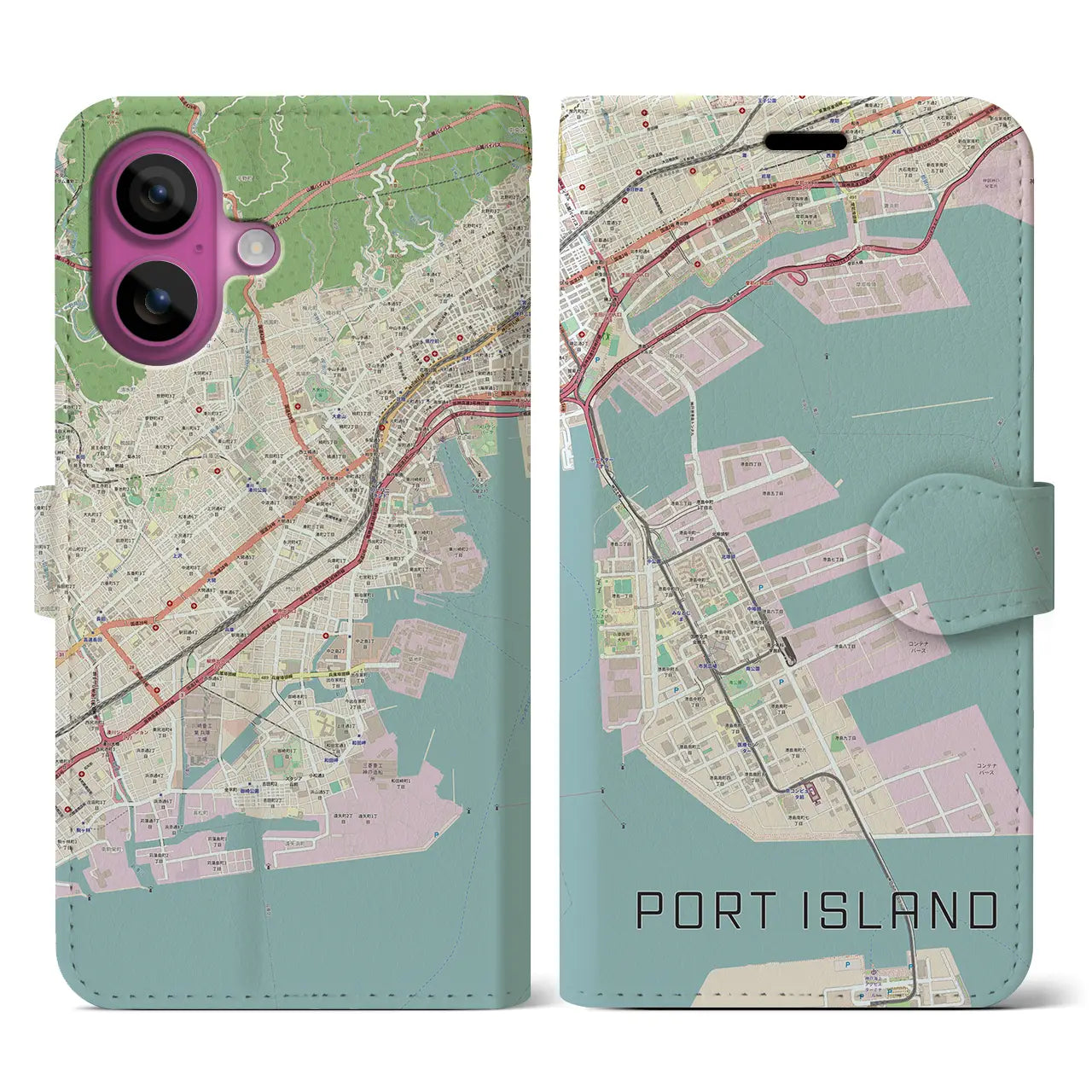 【ポートアイランド(兵庫県)】地図柄iPhoneケース(手帳タイプ)ナチュラル・iPhone 16 Pro 用