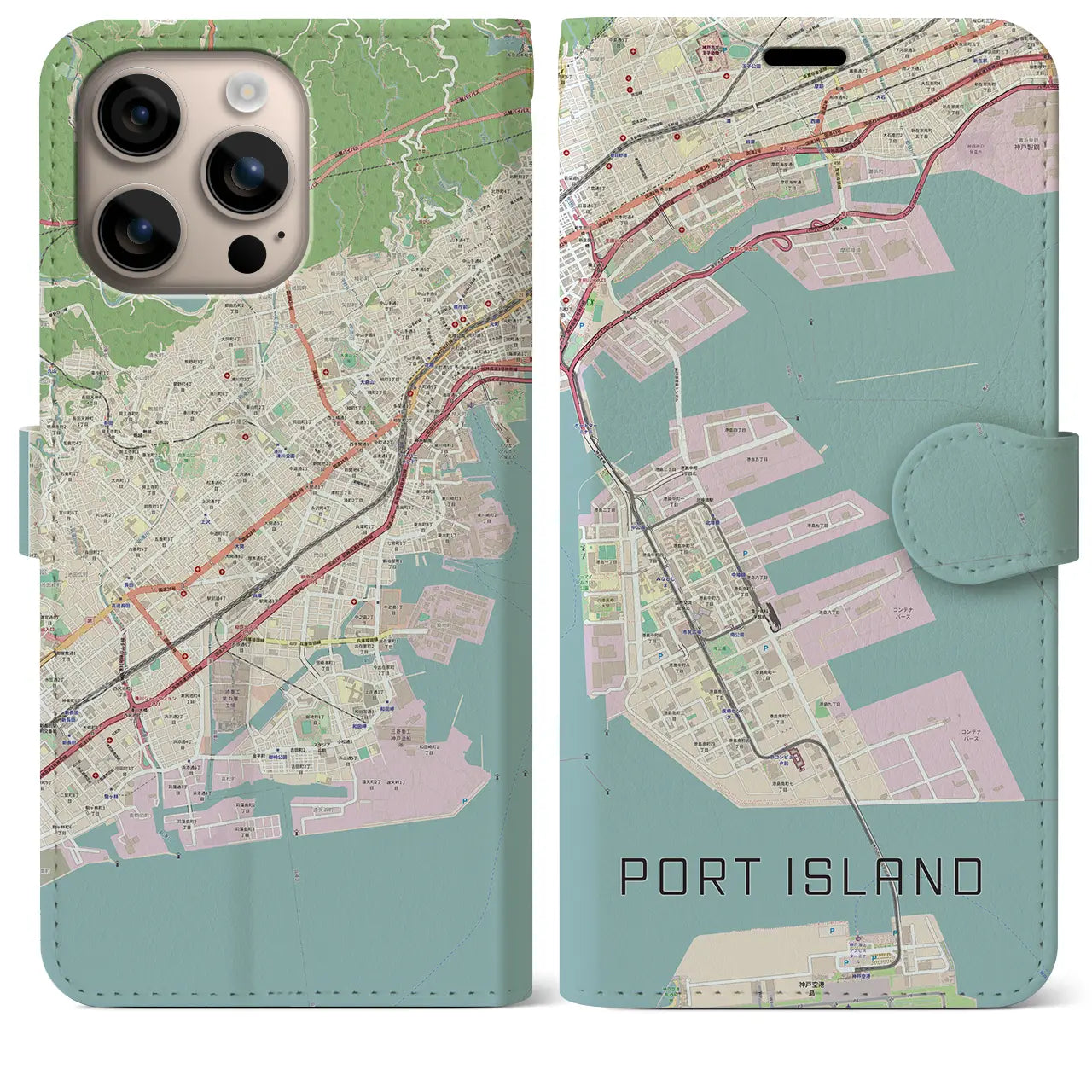 【ポートアイランド(兵庫県)】地図柄iPhoneケース(手帳タイプ)ナチュラル・iPhone 16 Plus 用