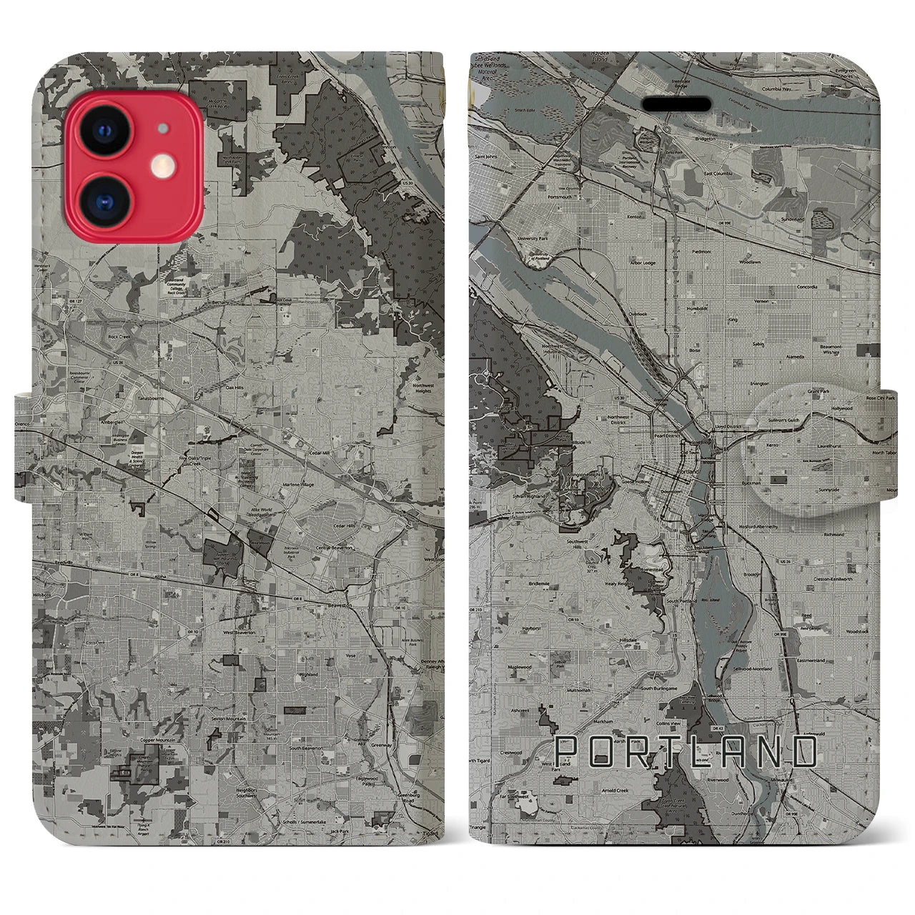 【ポートランド(アメリカ)】地図柄iPhoneケース(手帳タイプ)モノトーン・iPhone 11 用