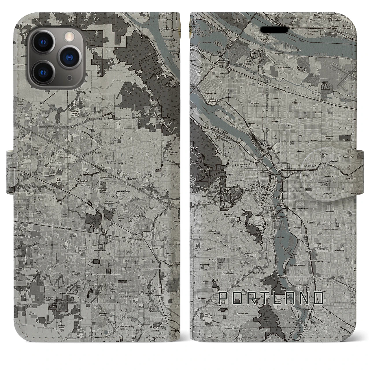 【ポートランド(アメリカ)】地図柄iPhoneケース(手帳タイプ)モノトーン・iPhone 11 Pro Max 用