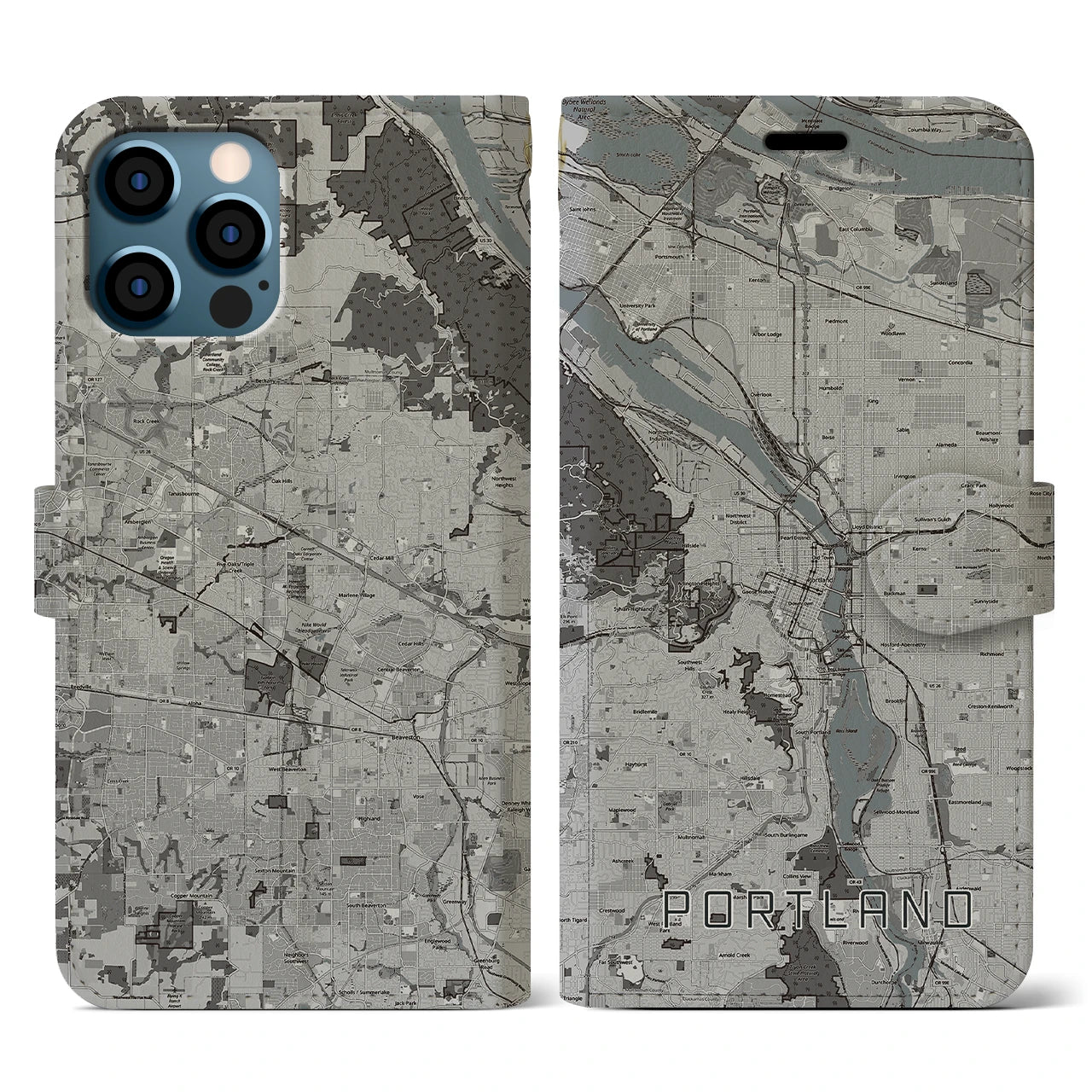 【ポートランド(アメリカ)】地図柄iPhoneケース(手帳タイプ)モノトーン・iPhone 12 / 12 Pro 用