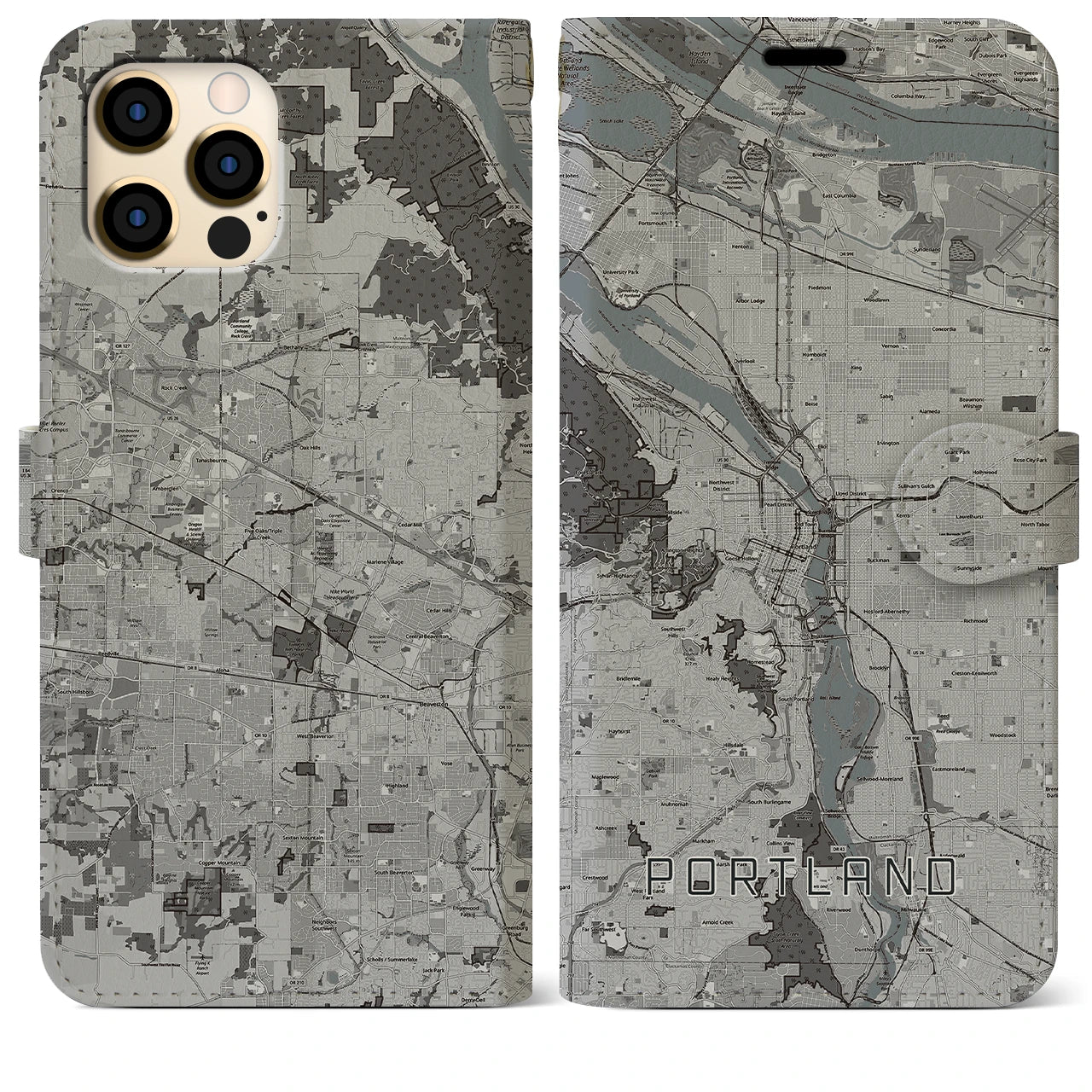 【ポートランド(アメリカ)】地図柄iPhoneケース(手帳タイプ)モノトーン・iPhone 12 Pro Max 用
