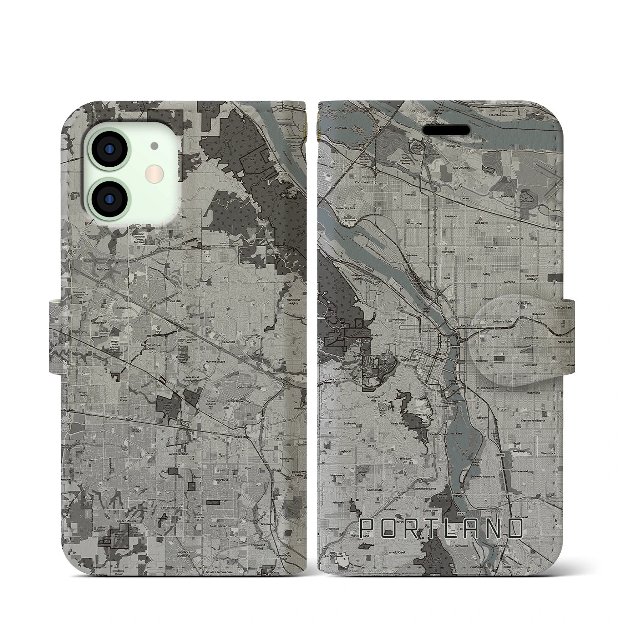 【ポートランド(アメリカ)】地図柄iPhoneケース(手帳タイプ)モノトーン・iPhone 12 mini 用