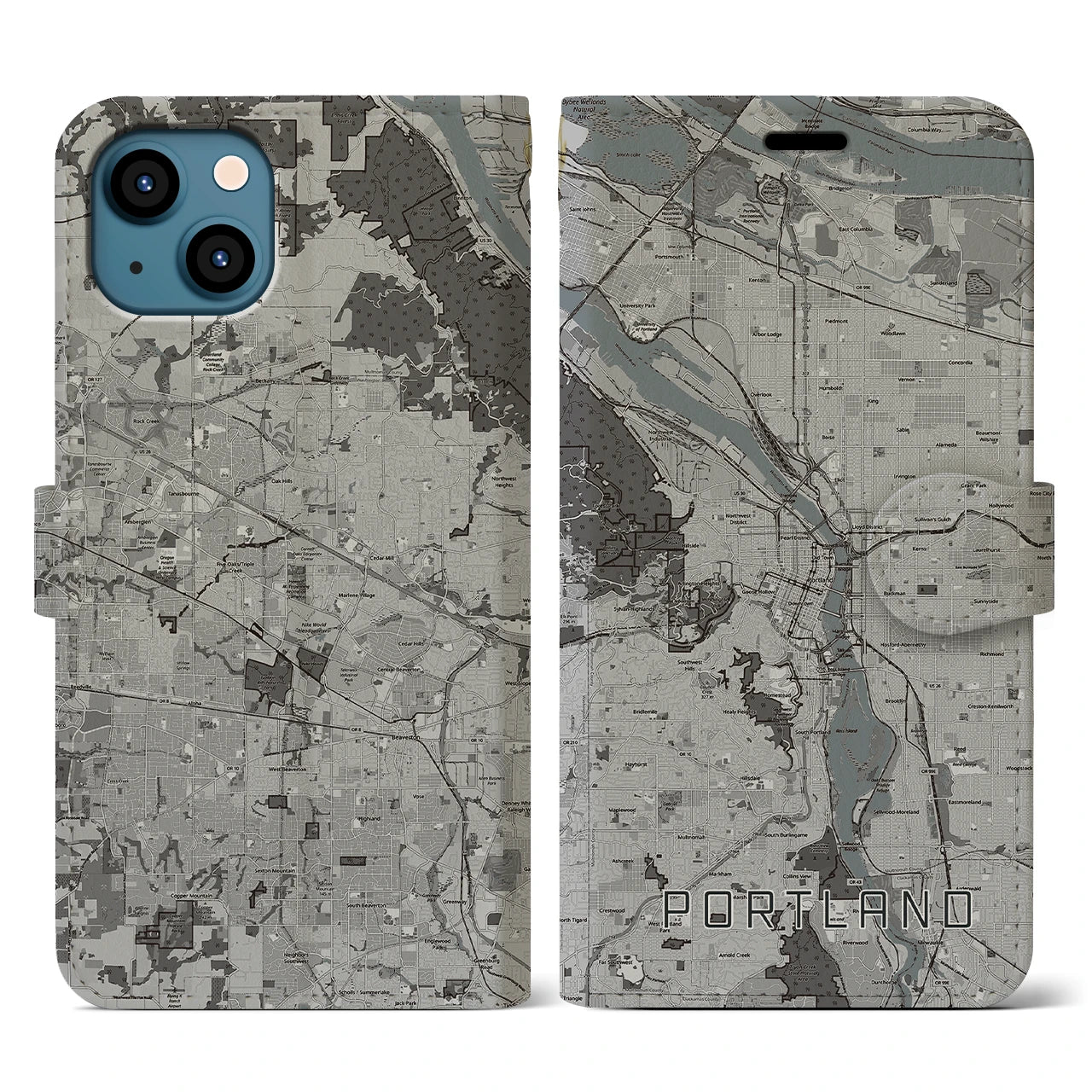 【ポートランド(アメリカ)】地図柄iPhoneケース(手帳タイプ)モノトーン・iPhone 13 用