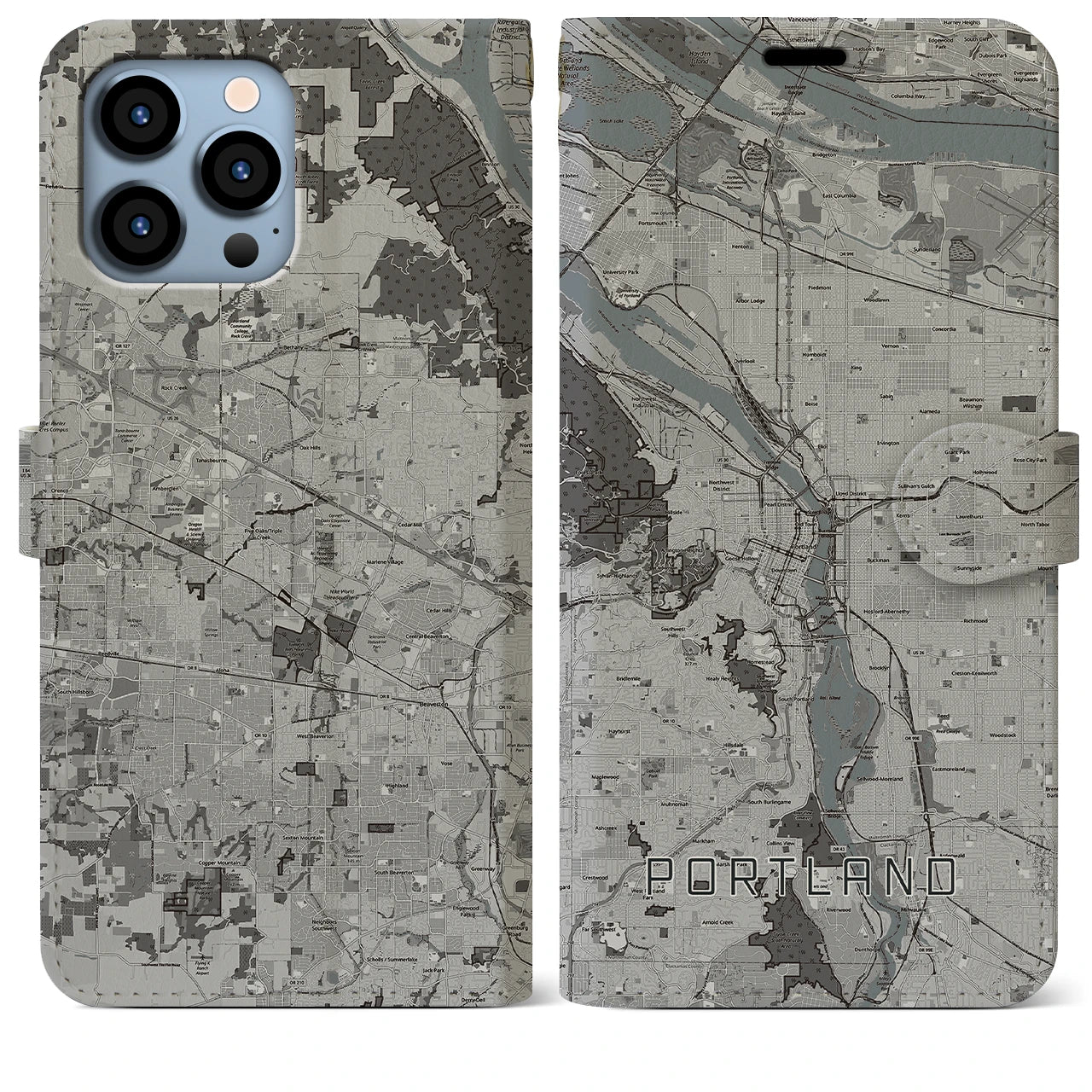 【ポートランド(アメリカ)】地図柄iPhoneケース(手帳タイプ)モノトーン・iPhone 13 Pro Max 用