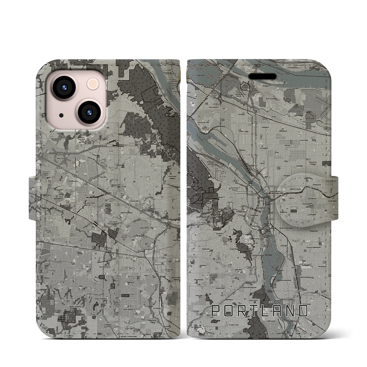 【ポートランド(アメリカ)】地図柄iPhoneケース(手帳タイプ)モノトーン・iPhone 13 mini 用