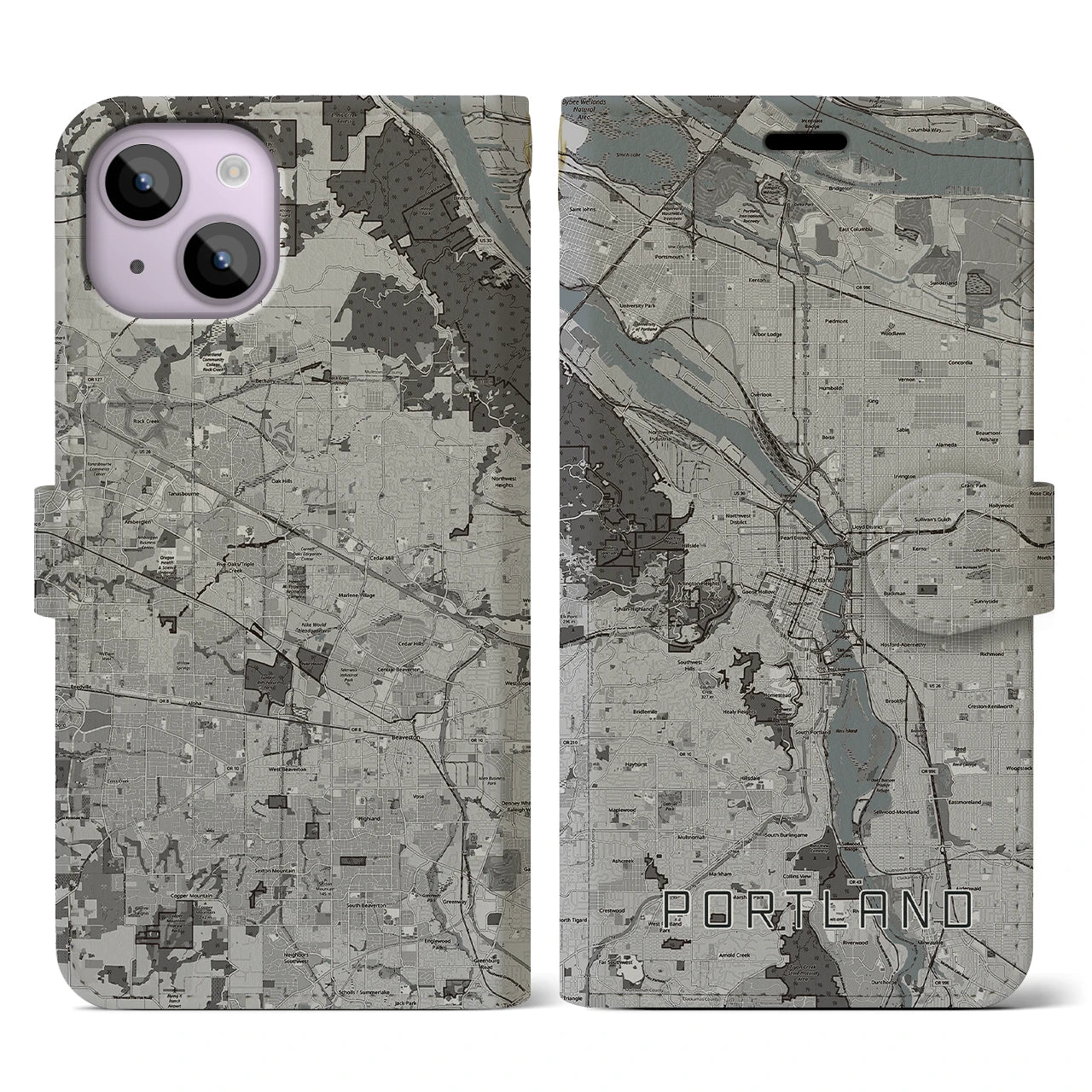 【ポートランド(アメリカ)】地図柄iPhoneケース(手帳タイプ)モノトーン・iPhone 14 用