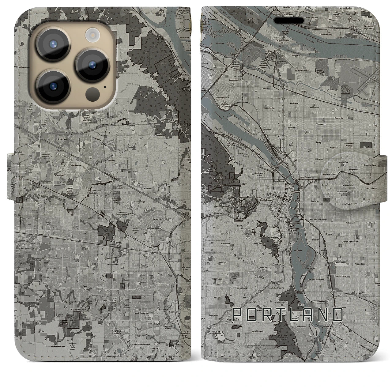 【ポートランド(アメリカ)】地図柄iPhoneケース(手帳タイプ)モノトーン・iPhone 14 Pro Max 用