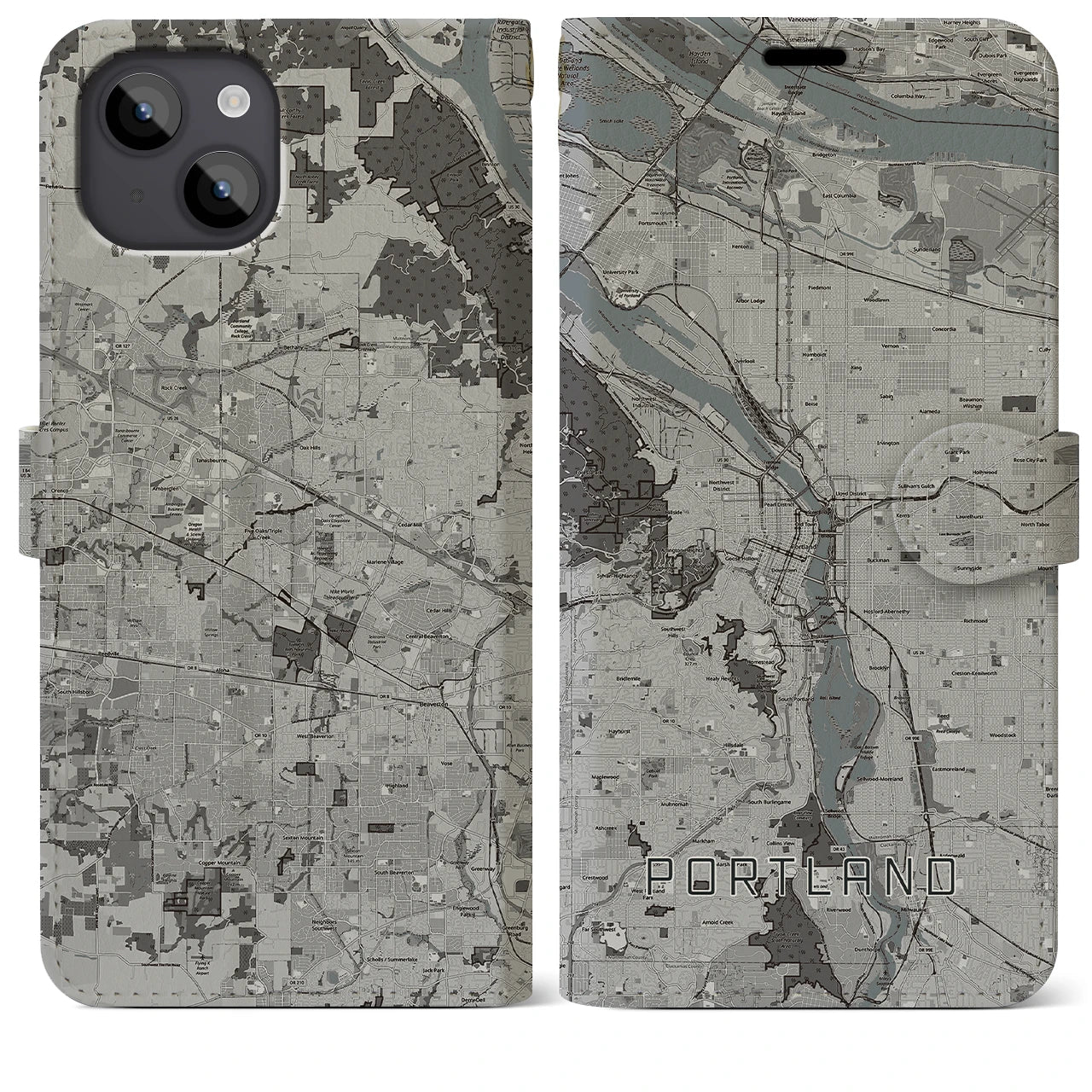 【ポートランド(アメリカ)】地図柄iPhoneケース(手帳タイプ)モノトーン・iPhone 14 Plus 用