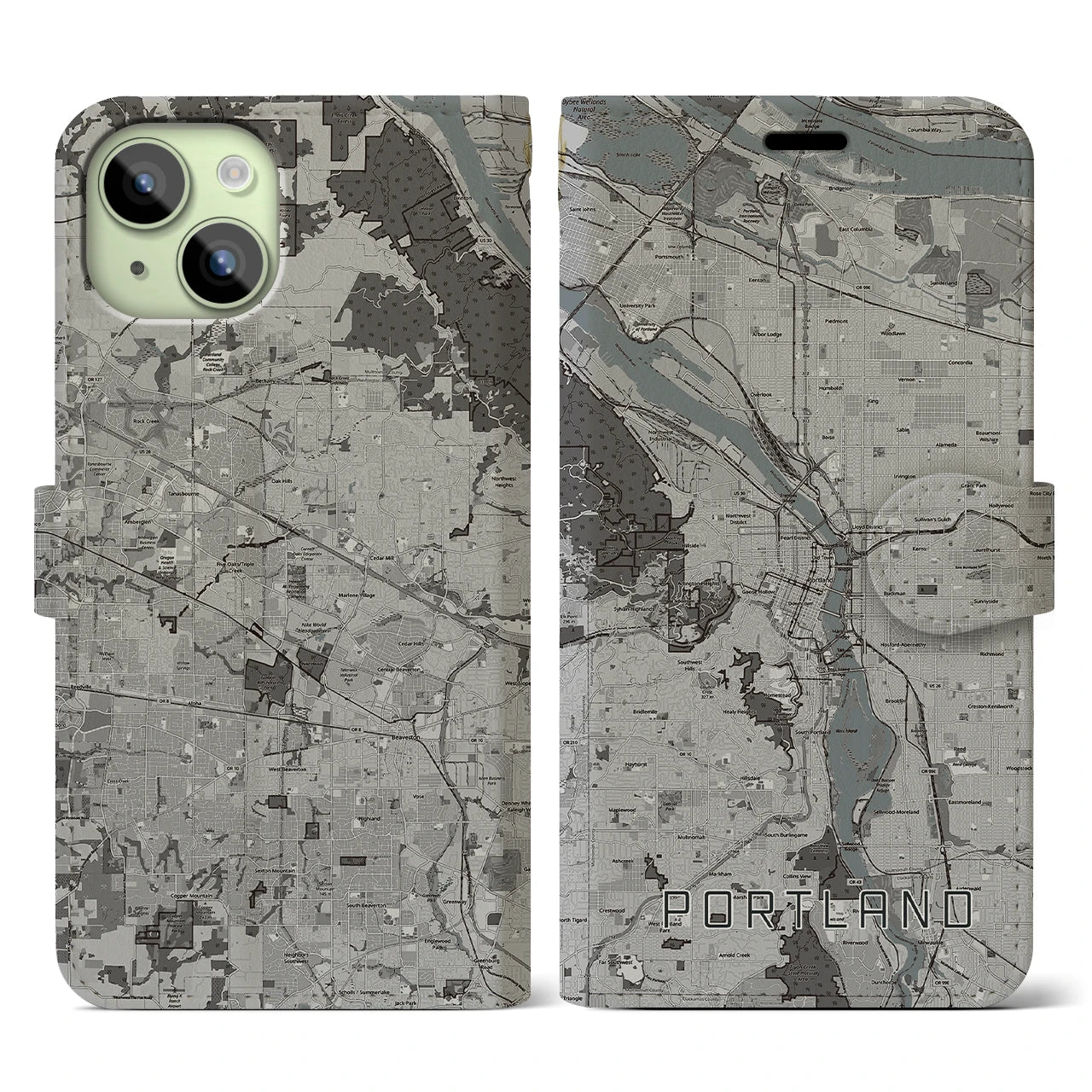 【ポートランド(アメリカ)】地図柄iPhoneケース(手帳タイプ)モノトーン・iPhone 15 用