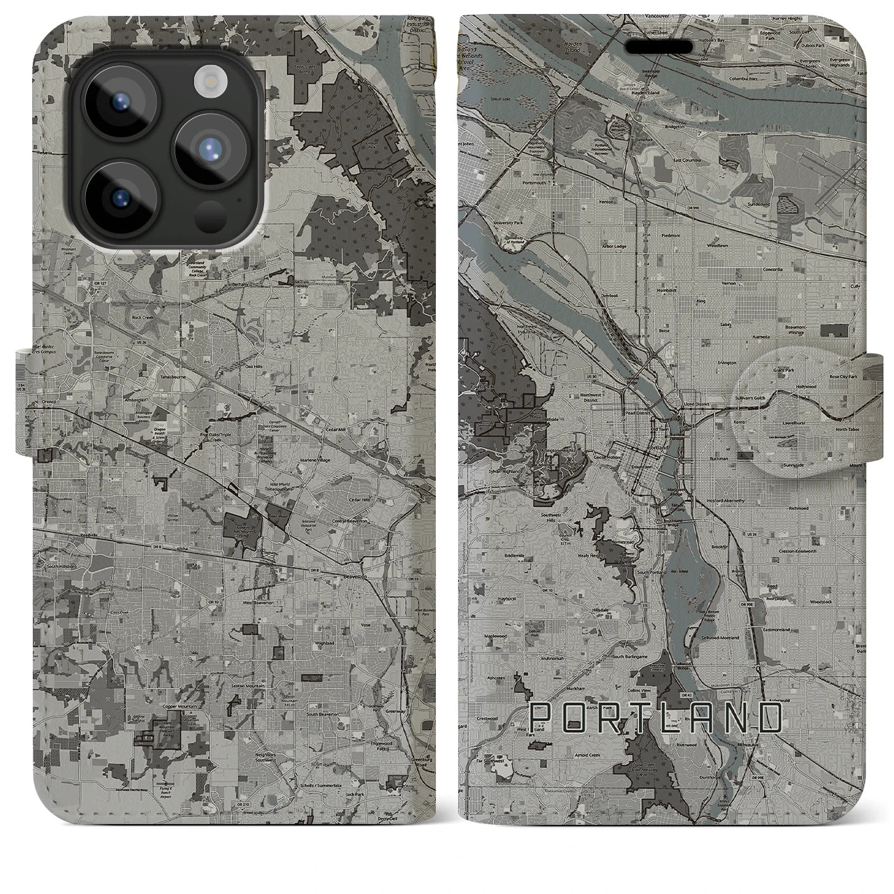 【ポートランド(アメリカ)】地図柄iPhoneケース(手帳タイプ)モノトーン・iPhone 15 Pro Max 用