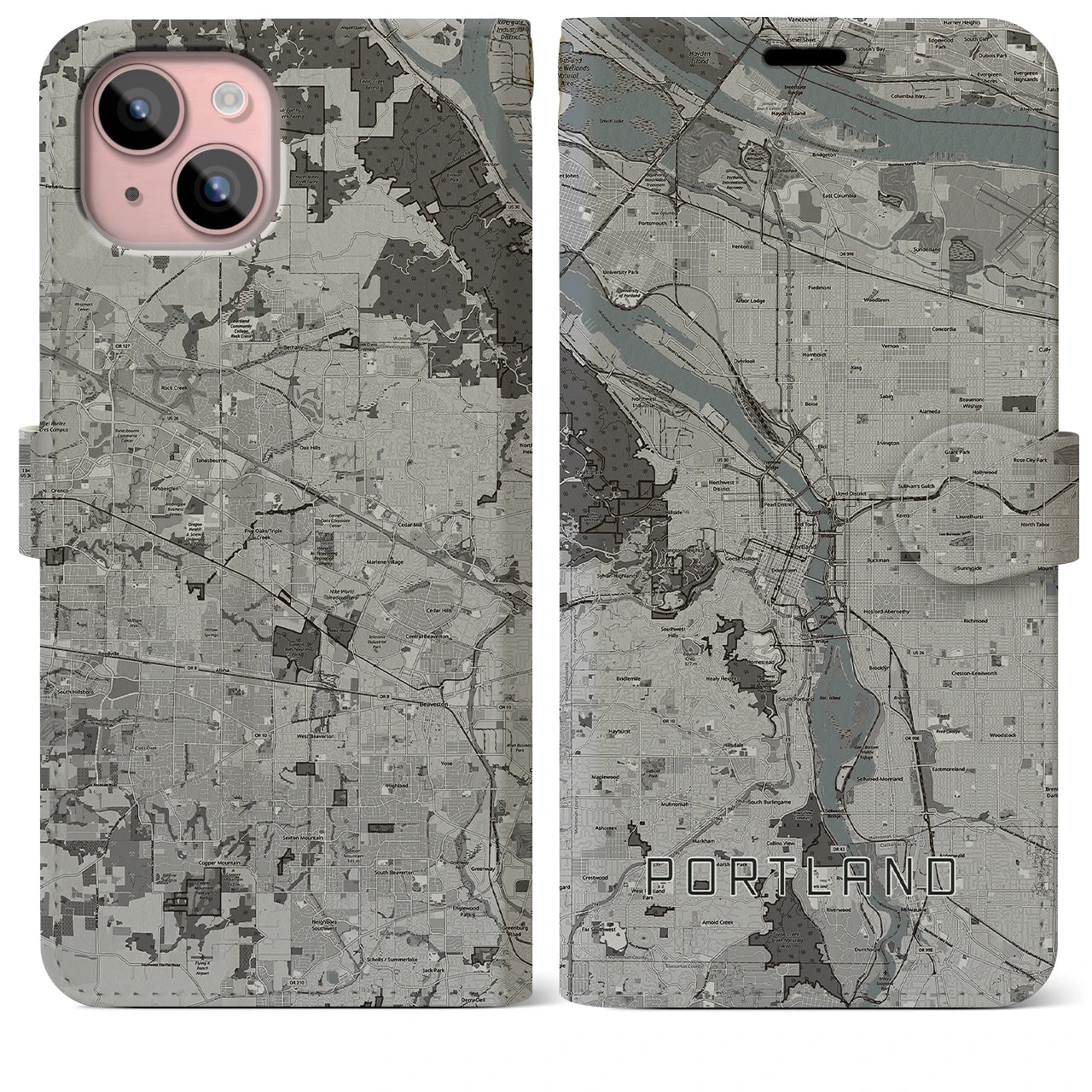 【ポートランド(アメリカ)】地図柄iPhoneケース(手帳タイプ)モノトーン・iPhone 15 Plus 用