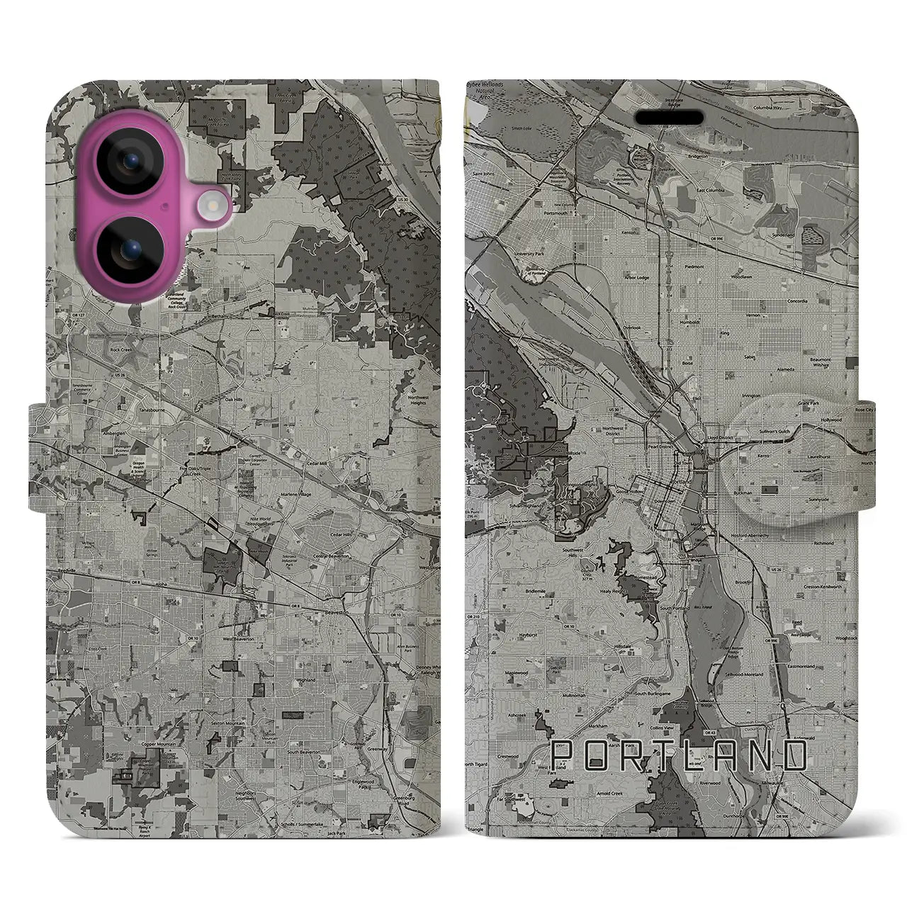 【ポートランド(アメリカ)】地図柄iPhoneケース(手帳タイプ)モノトーン・iPhone 16 Pro 用