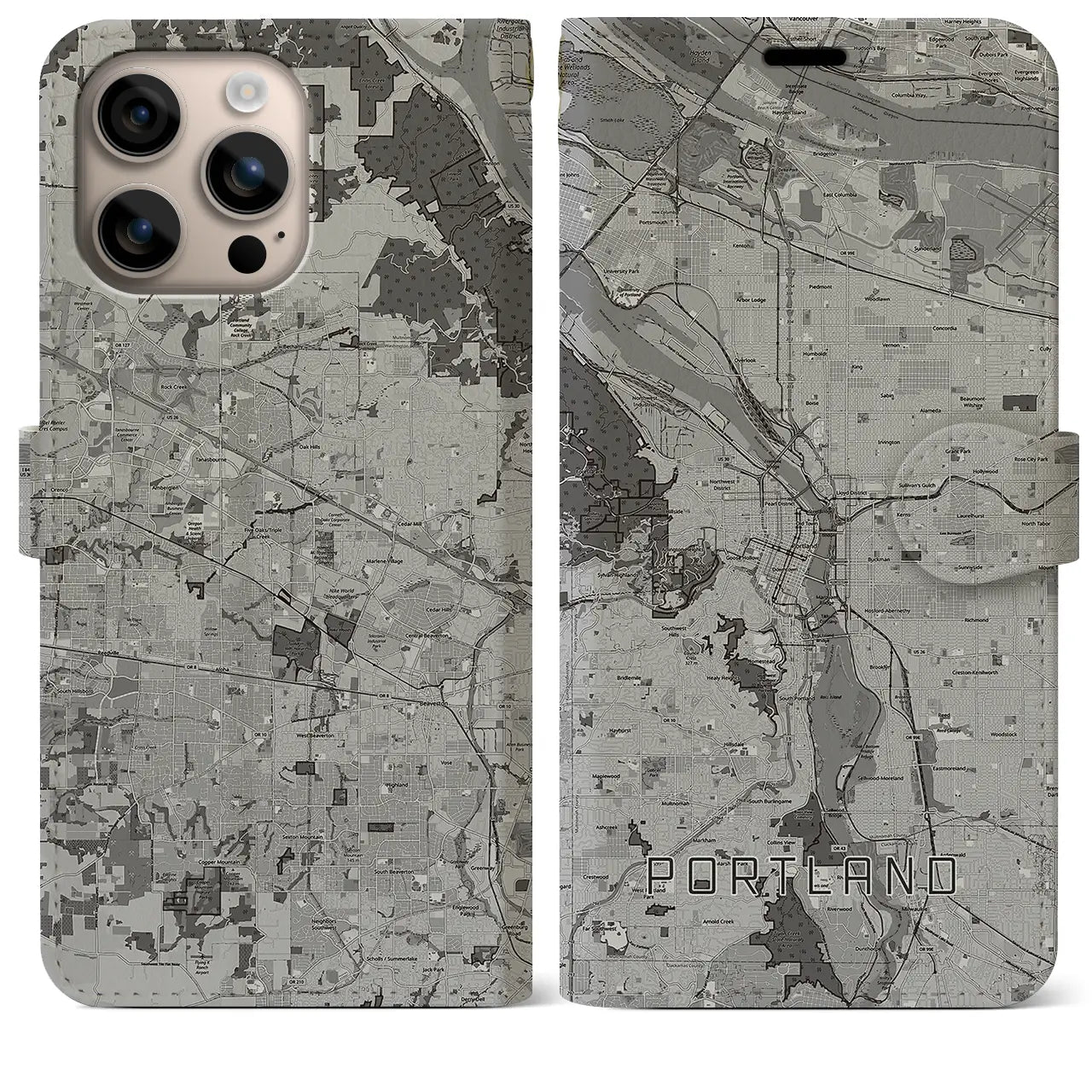 【ポートランド(アメリカ)】地図柄iPhoneケース(手帳タイプ)モノトーン・iPhone 16 Plus 用