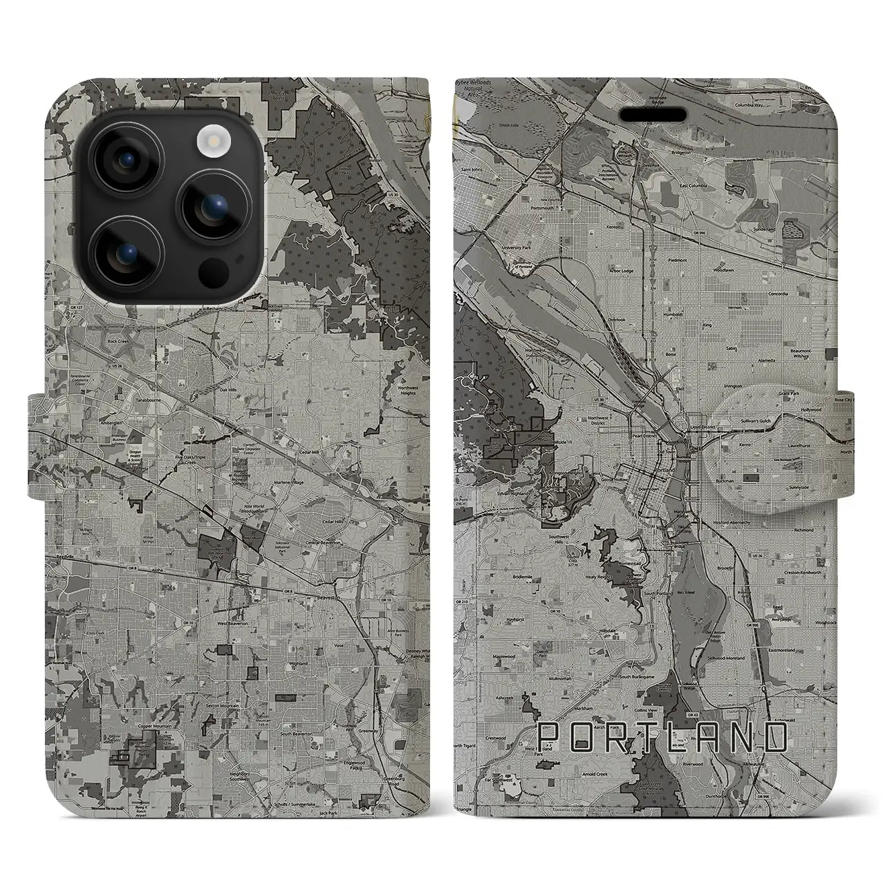 【ポートランド(アメリカ)】地図柄iPhoneケース(手帳タイプ)モノトーン・iPhone 16 用