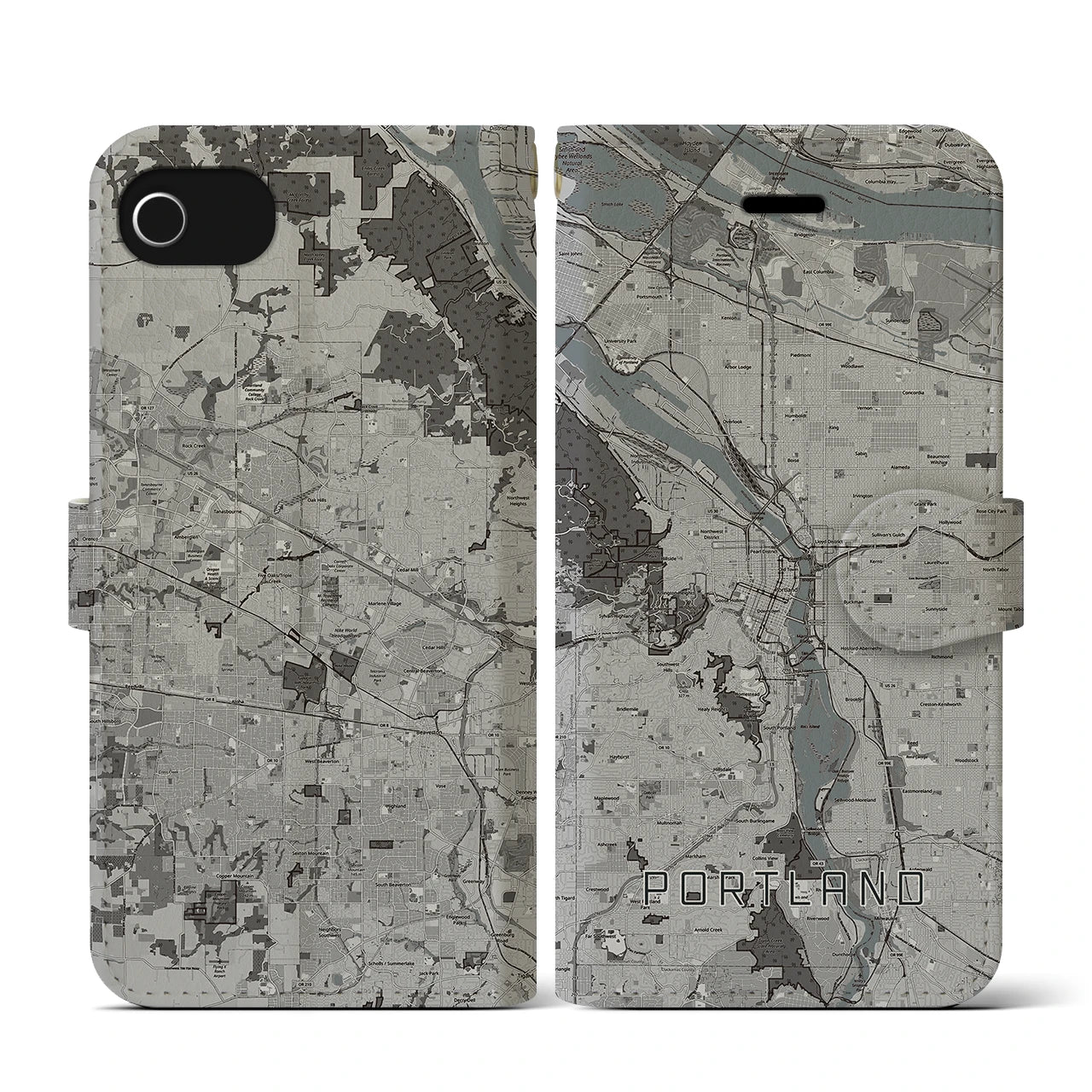 【ポートランド(アメリカ)】地図柄iPhoneケース(手帳タイプ)モノトーン・iPhone SE(第3 / 第2世代) / 8 / 7 / 6s / 6 用