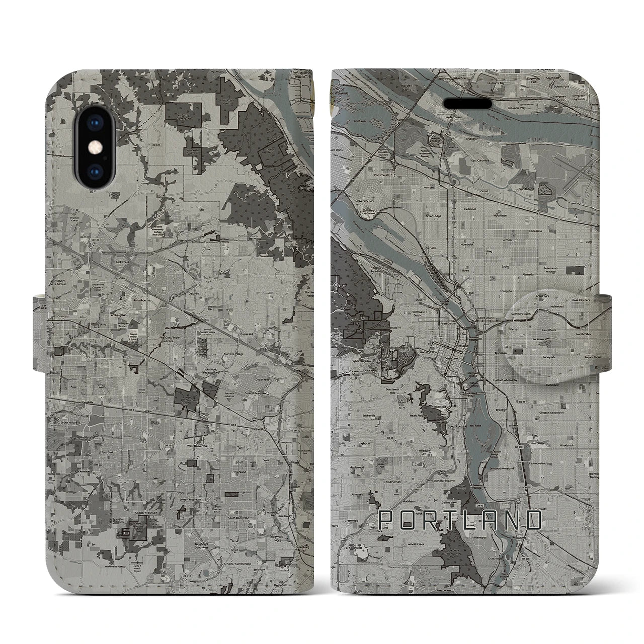 【ポートランド(アメリカ)】地図柄iPhoneケース(手帳タイプ)モノトーン・iPhone XS / X 用