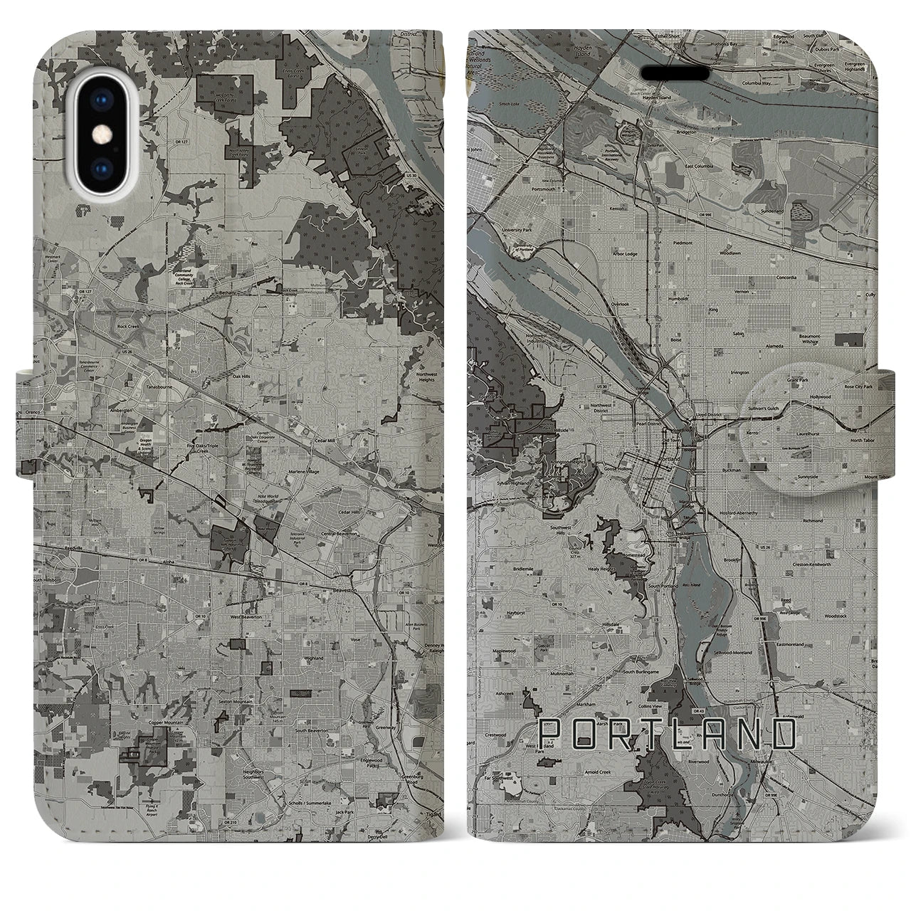 【ポートランド(アメリカ)】地図柄iPhoneケース(手帳タイプ)モノトーン・iPhone XS Max 用