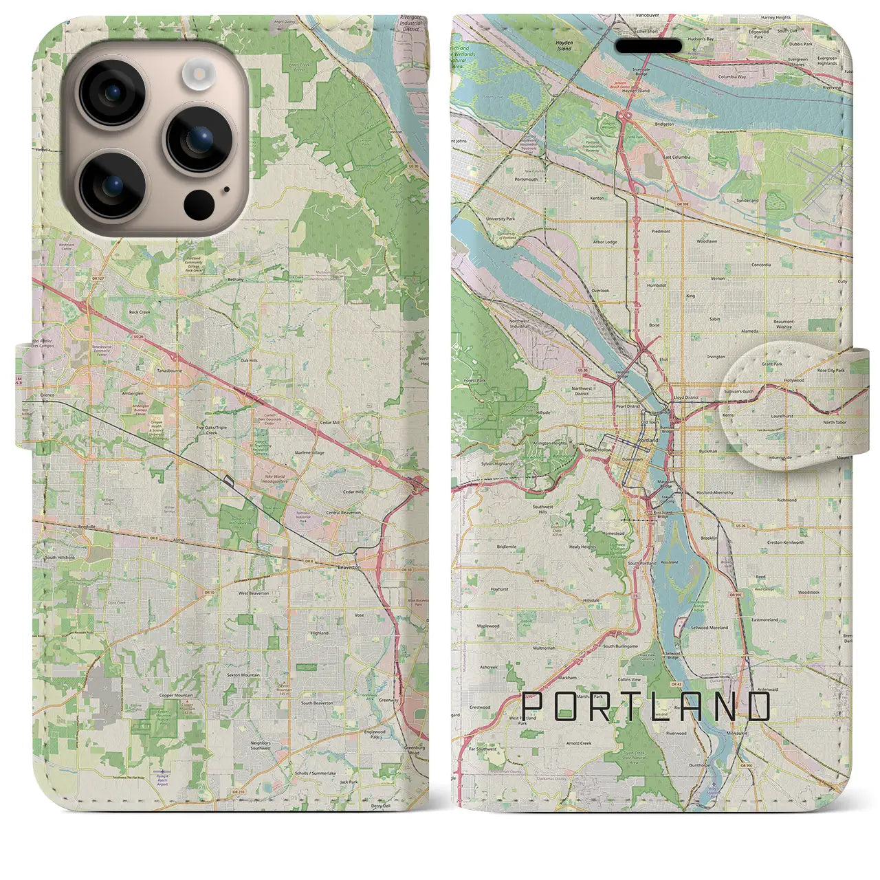 【ポートランド(アメリカ)】地図柄iPhoneケース(手帳タイプ)ナチュラル・iPhone 16 Plus 用