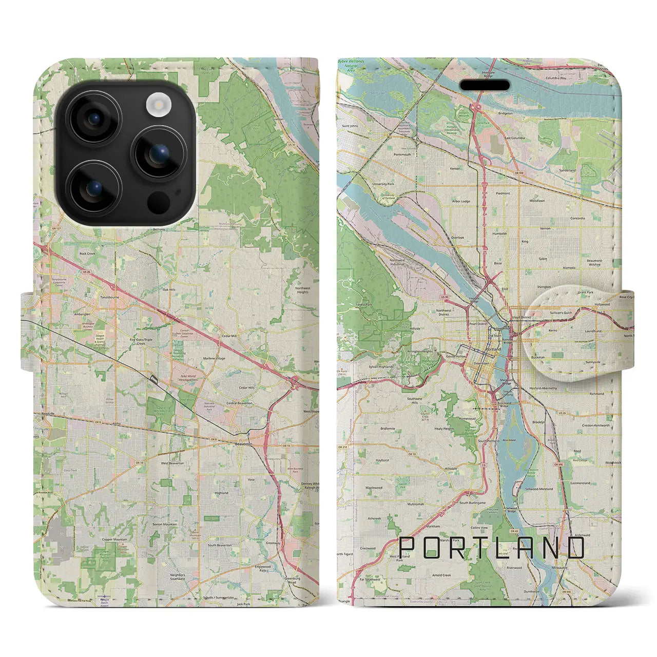 【ポートランド(アメリカ)】地図柄iPhoneケース(手帳タイプ)ナチュラル・iPhone 16 用