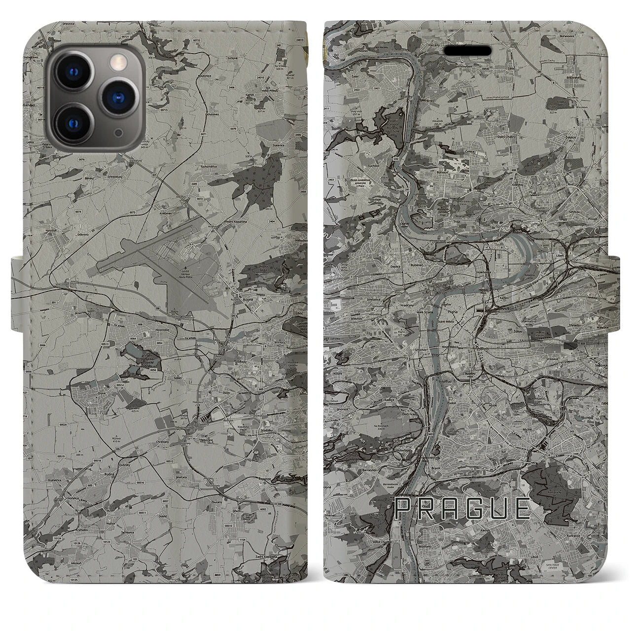 【プラハ(チェコ)】地図柄iPhoneケース(手帳タイプ)モノトーン・iPhone 11 Pro Max 用