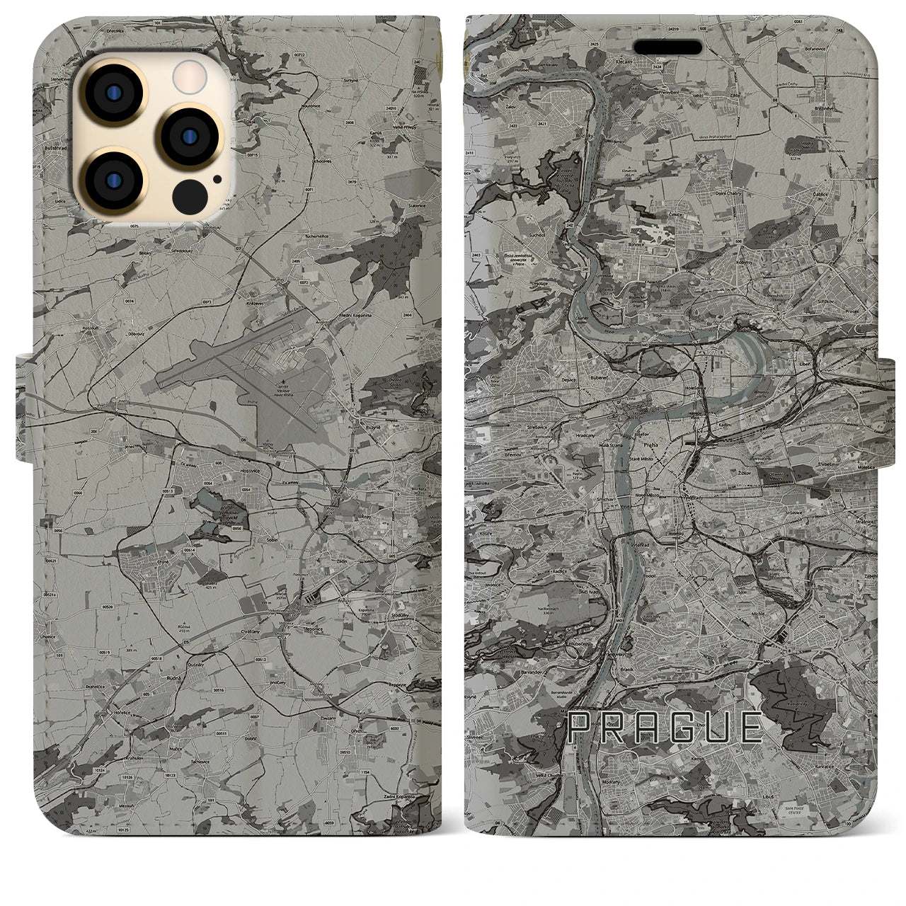 【プラハ(チェコ)】地図柄iPhoneケース(手帳タイプ)モノトーン・iPhone 12 Pro Max 用