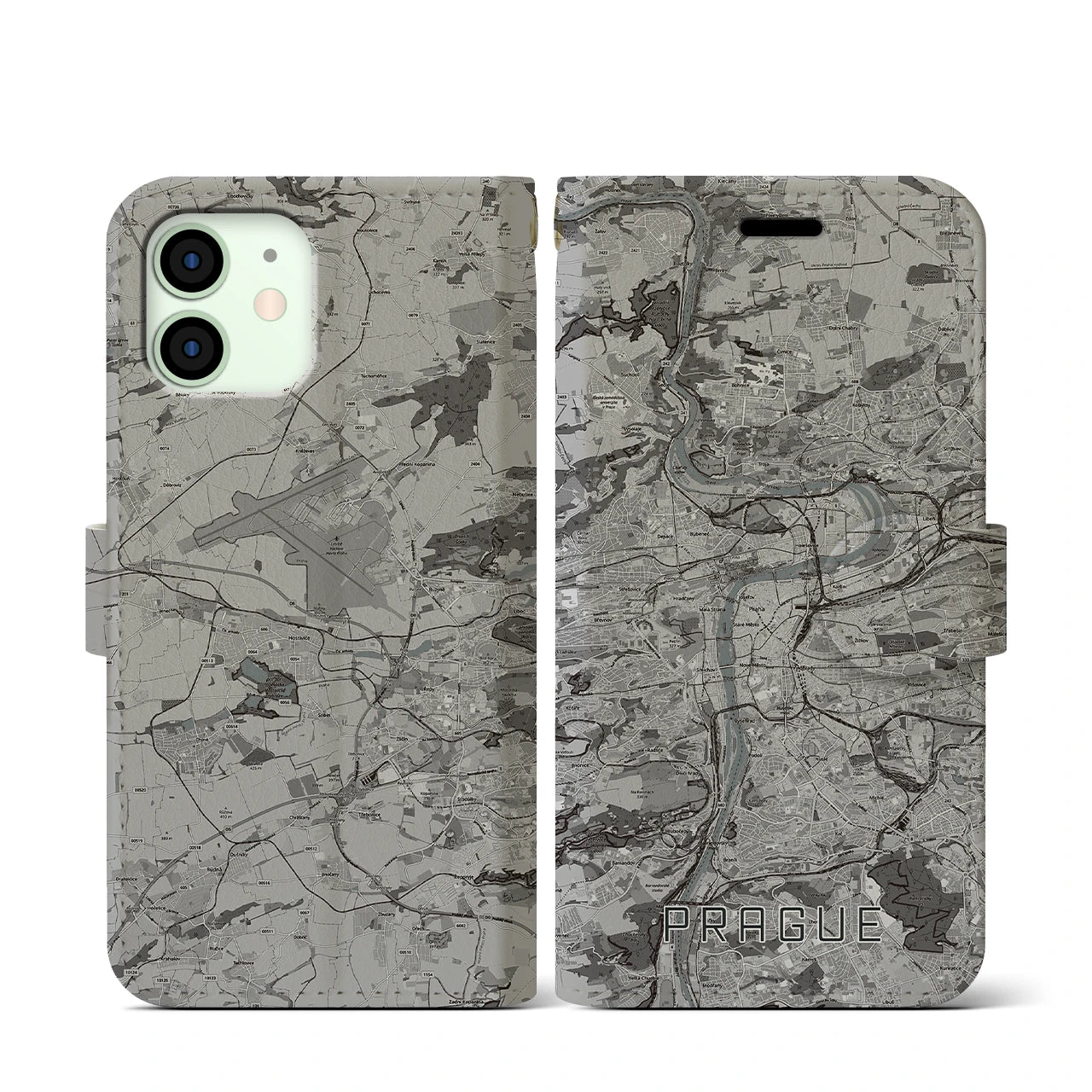 【プラハ(チェコ)】地図柄iPhoneケース(手帳タイプ)モノトーン・iPhone 12 mini 用