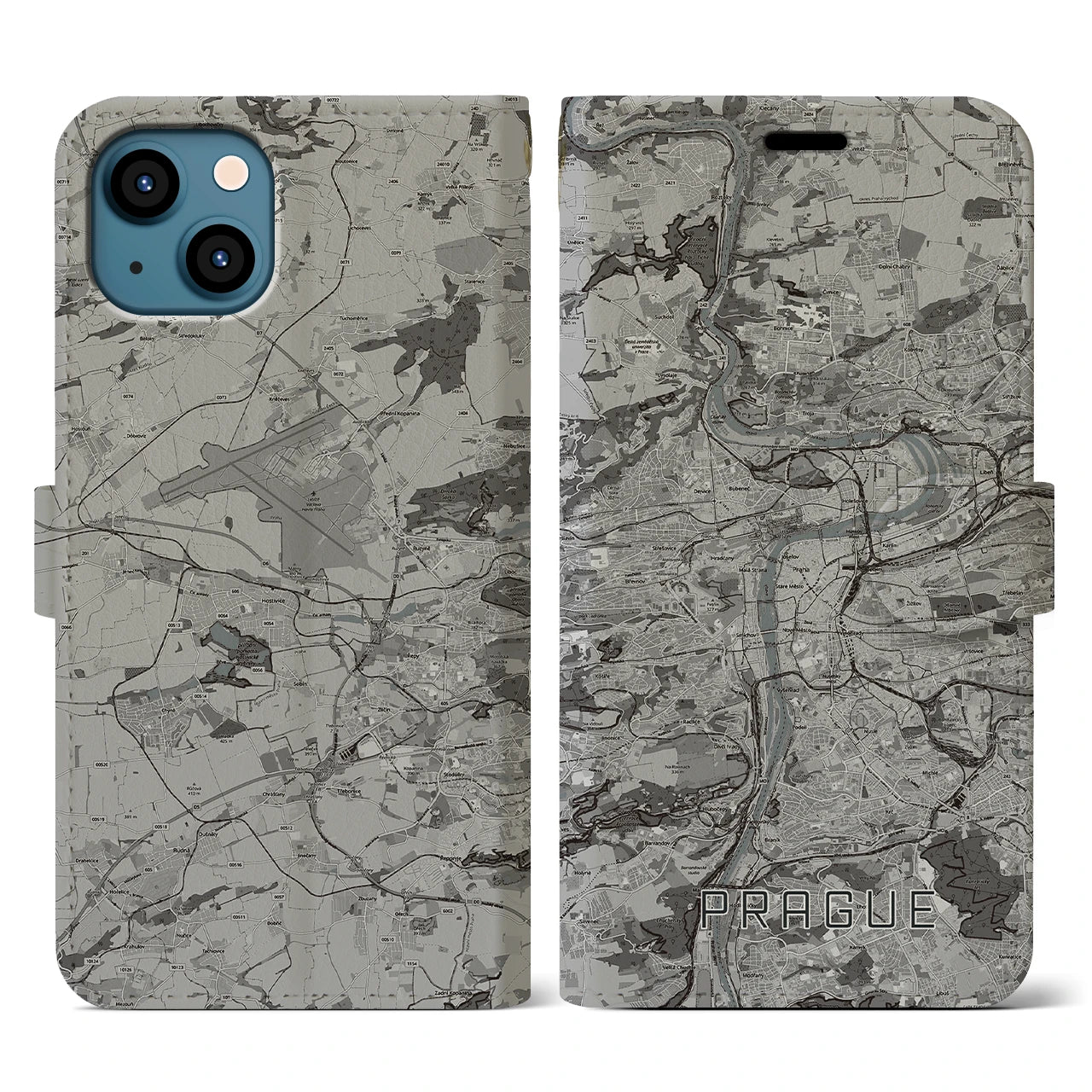 【プラハ(チェコ)】地図柄iPhoneケース(手帳タイプ)モノトーン・iPhone 13 用