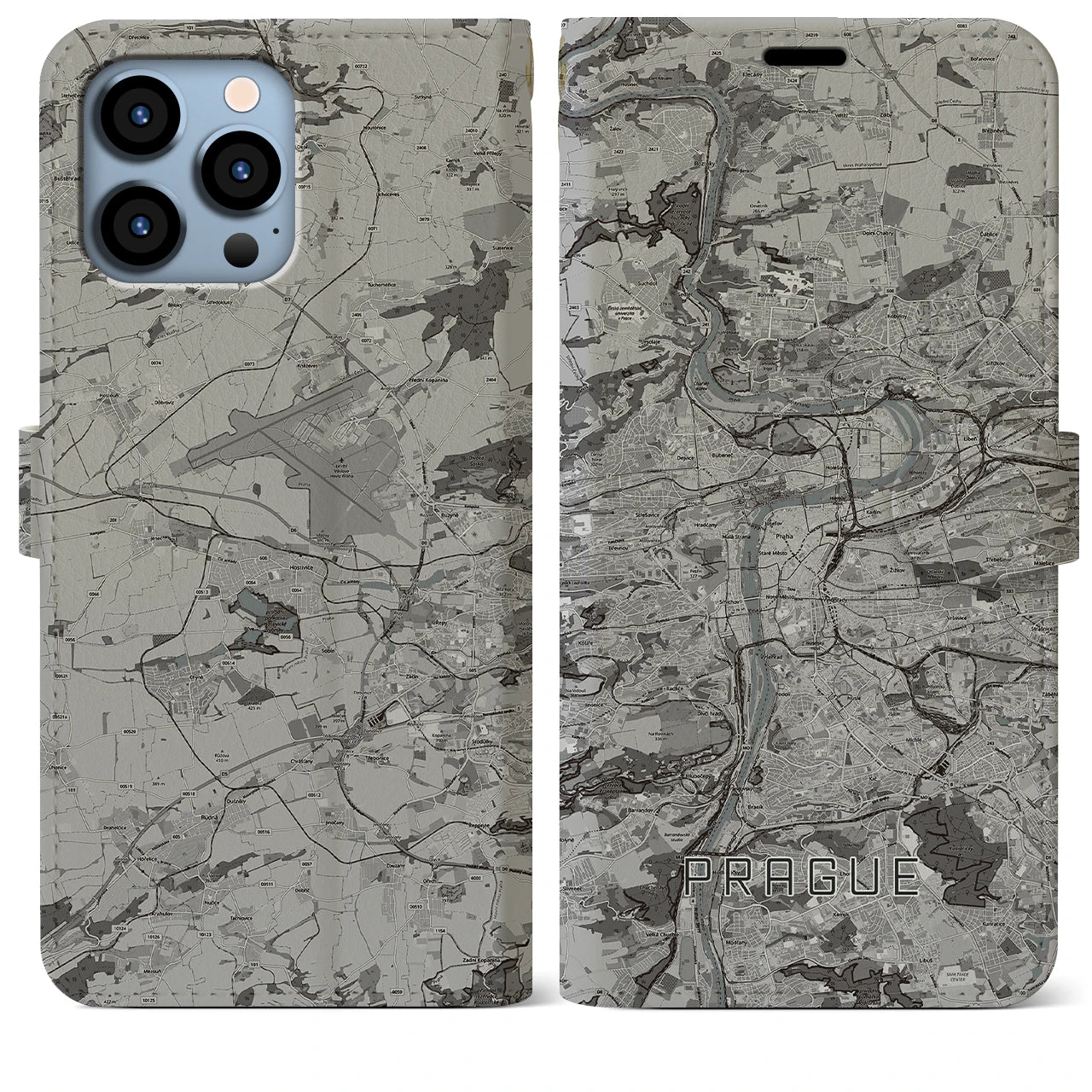 【プラハ(チェコ)】地図柄iPhoneケース(手帳タイプ)モノトーン・iPhone 13 Pro Max 用