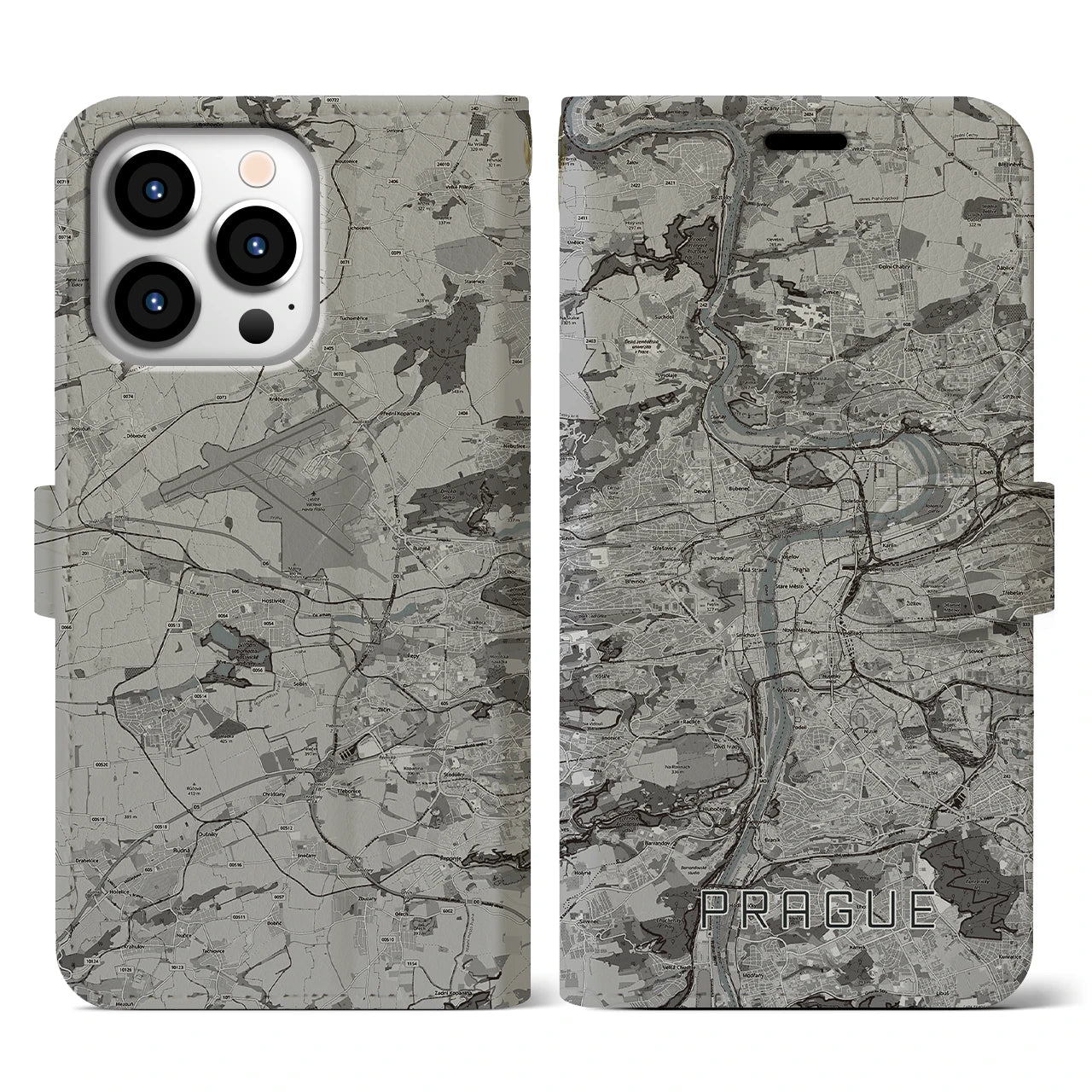 【プラハ(チェコ)】地図柄iPhoneケース(手帳タイプ)モノトーン・iPhone 13 Pro 用