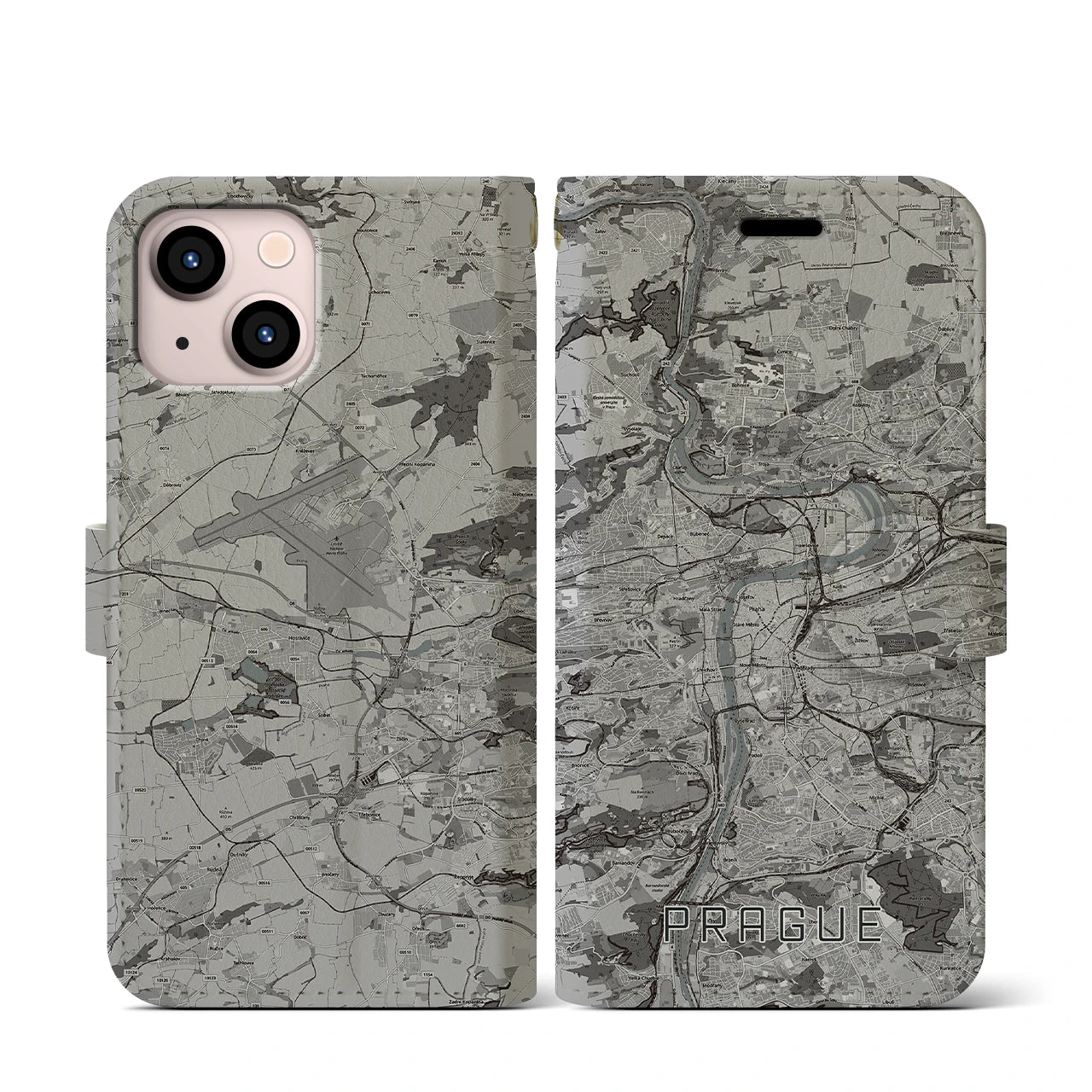 【プラハ(チェコ)】地図柄iPhoneケース(手帳タイプ)モノトーン・iPhone 13 mini 用