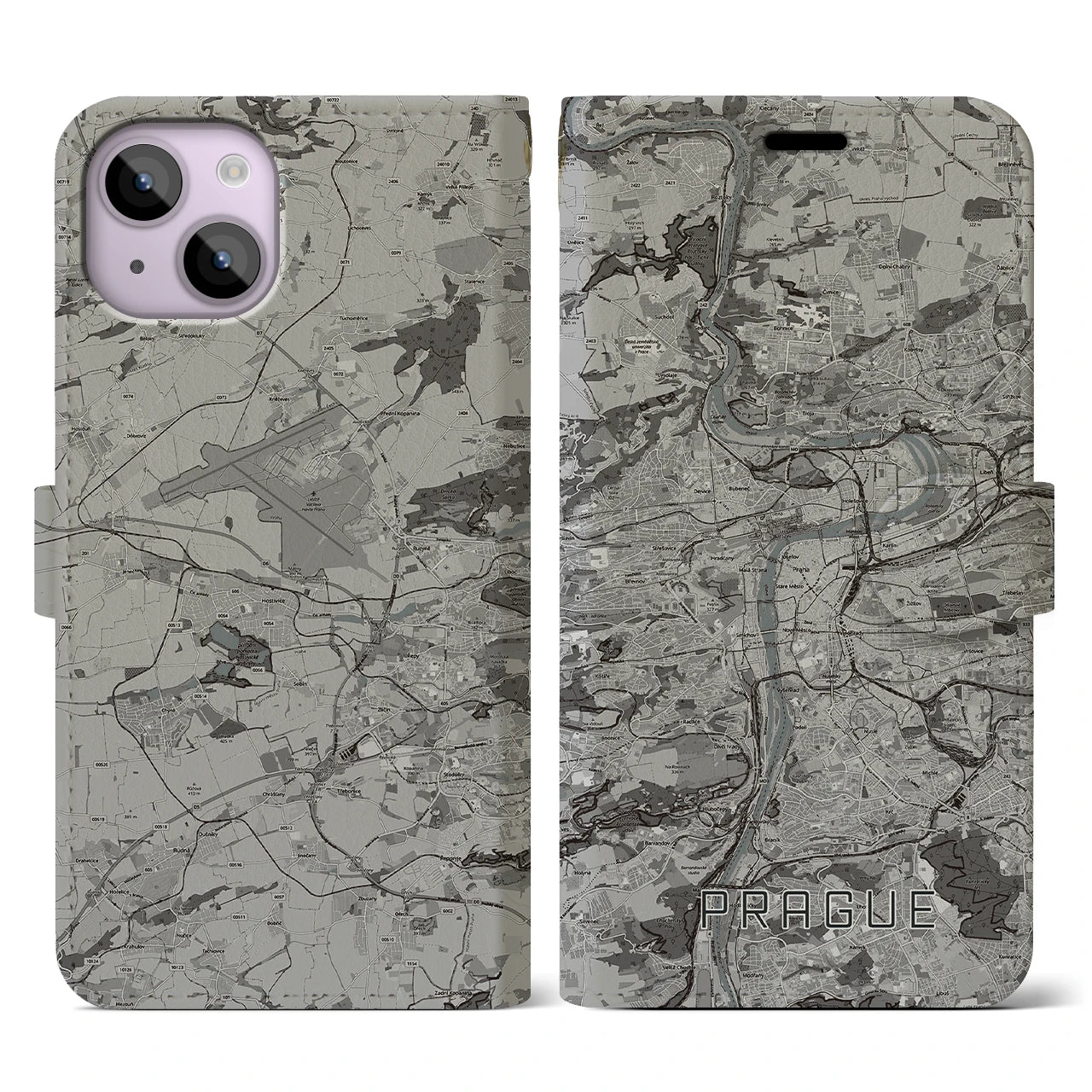 【プラハ(チェコ)】地図柄iPhoneケース(手帳タイプ)モノトーン・iPhone 14 用