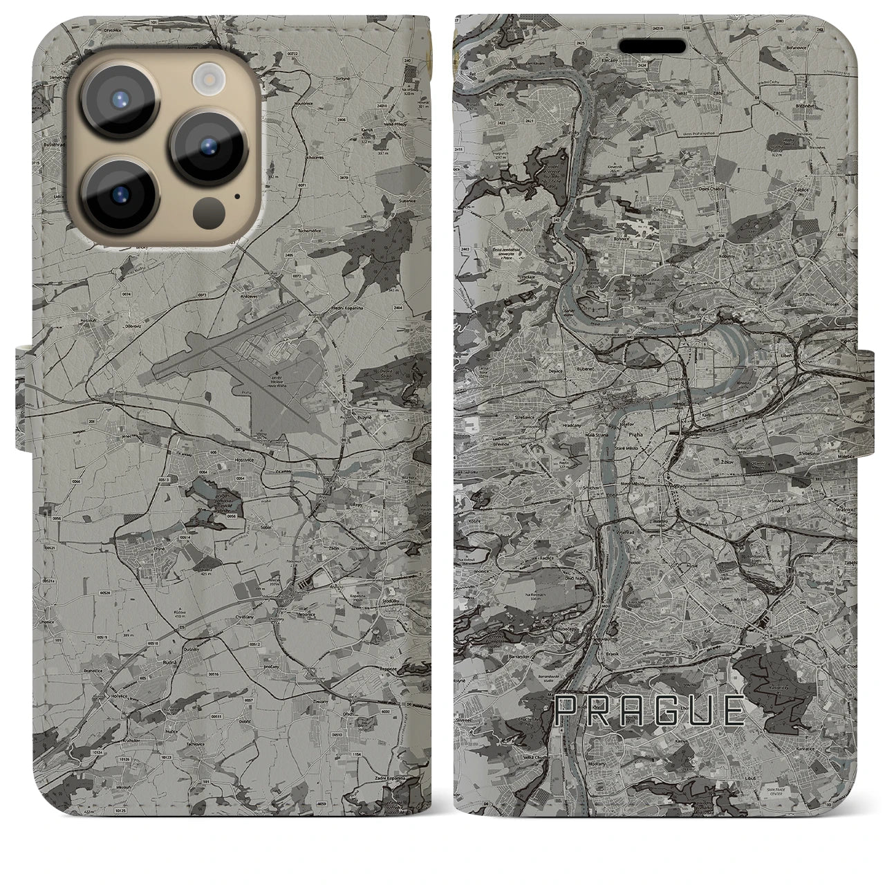 【プラハ(チェコ)】地図柄iPhoneケース(手帳タイプ)モノトーン・iPhone 14 Pro Max 用