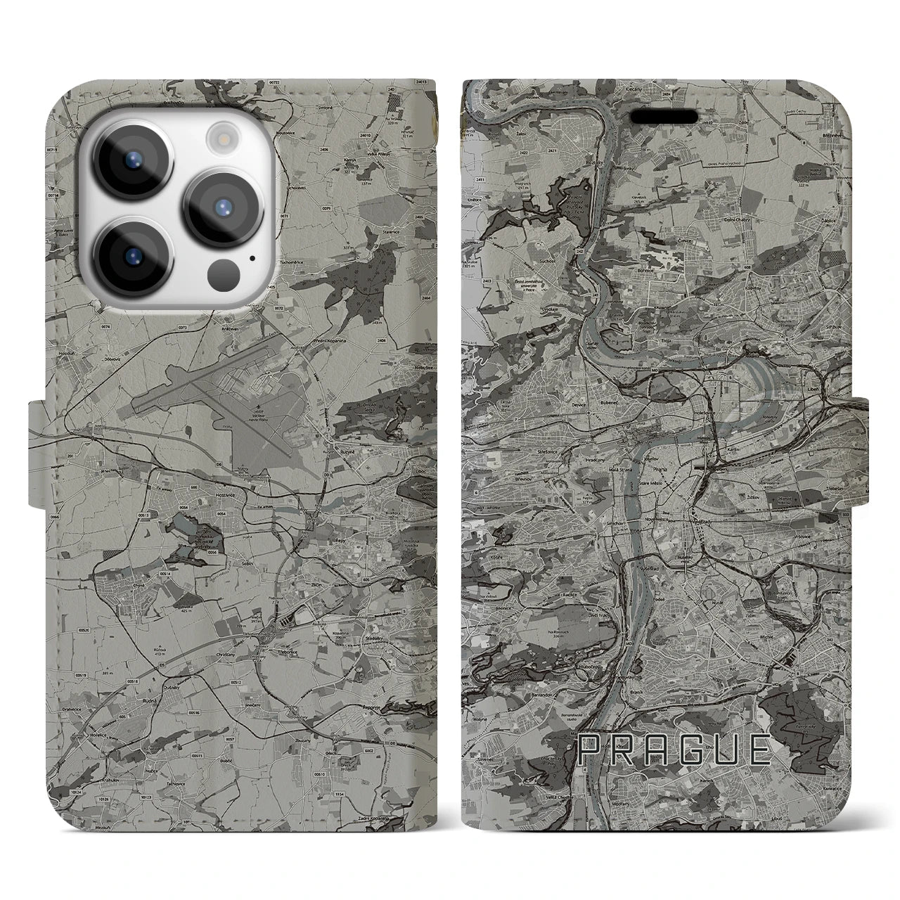 【プラハ(チェコ)】地図柄iPhoneケース(手帳タイプ)モノトーン・iPhone 14 Pro 用