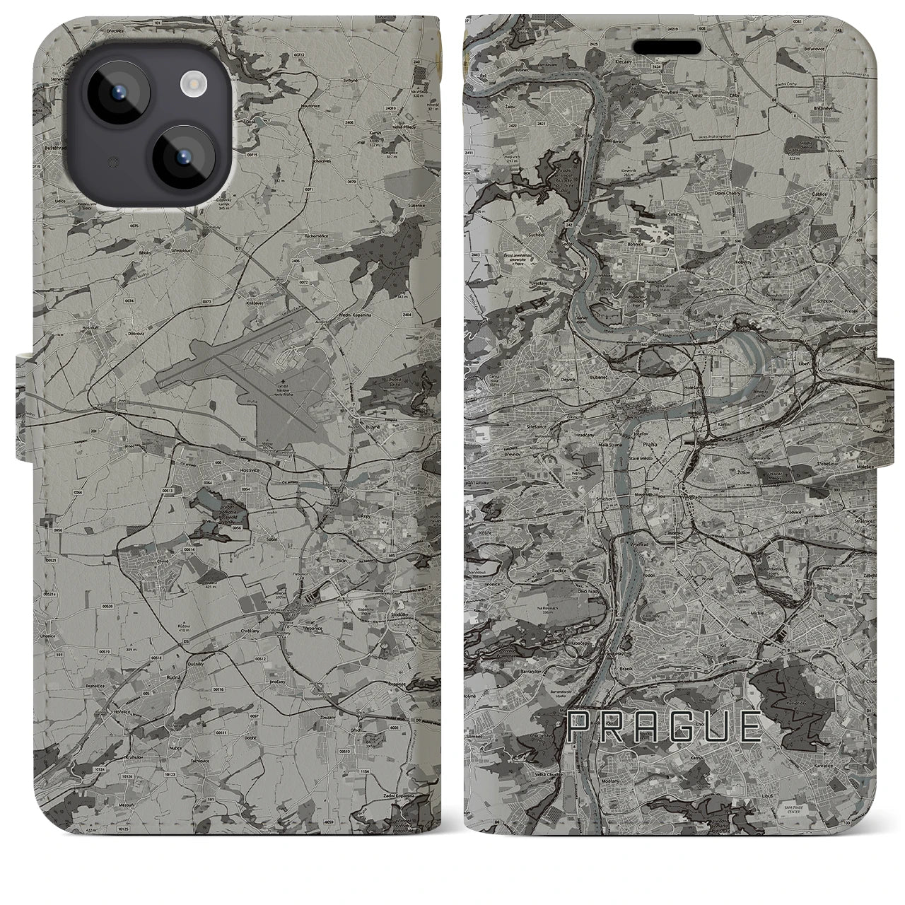 【プラハ(チェコ)】地図柄iPhoneケース(手帳タイプ)モノトーン・iPhone 14 Plus 用