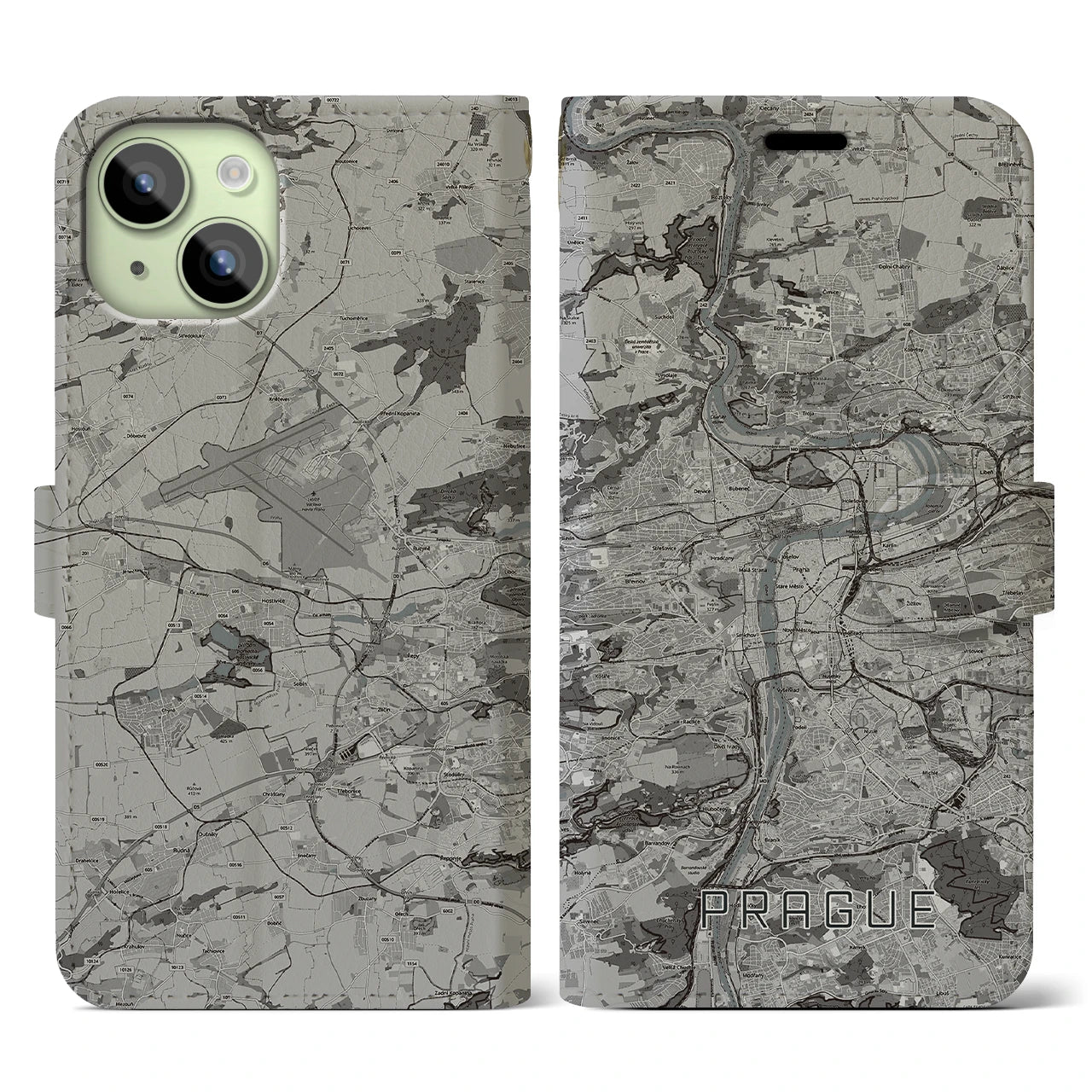 【プラハ(チェコ)】地図柄iPhoneケース(手帳タイプ)モノトーン・iPhone 15 用