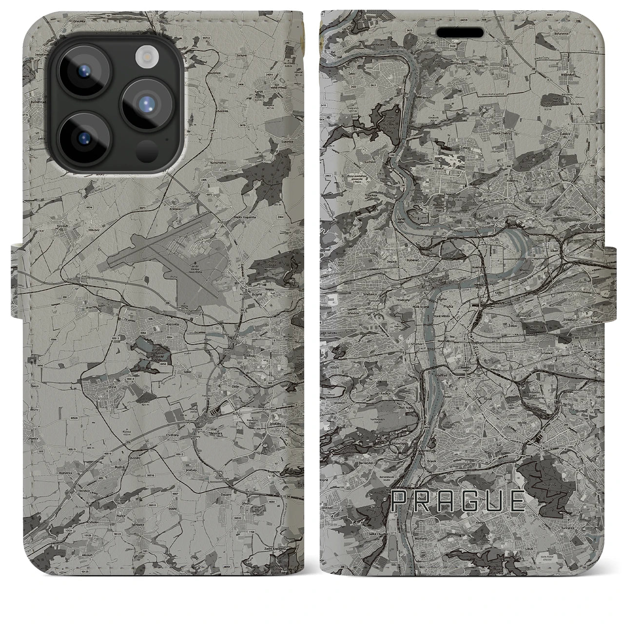 【プラハ(チェコ)】地図柄iPhoneケース(手帳タイプ)モノトーン・iPhone 15 Pro Max 用
