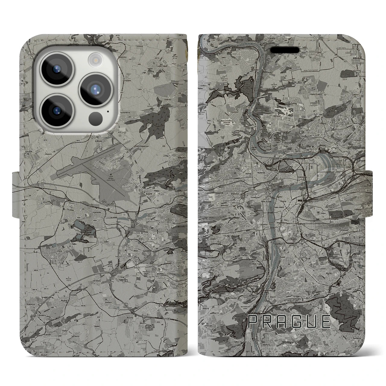 【プラハ(チェコ)】地図柄iPhoneケース(手帳タイプ)モノトーン・iPhone 15 Pro 用