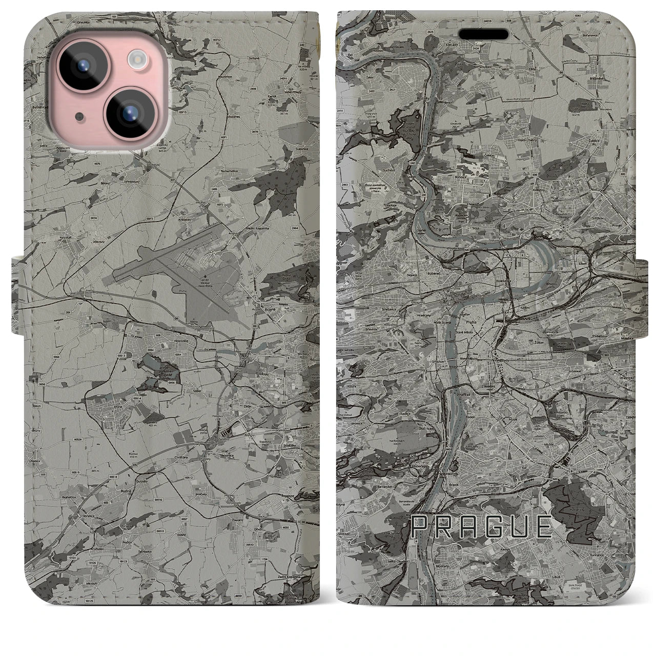 【プラハ(チェコ)】地図柄iPhoneケース(手帳タイプ)モノトーン・iPhone 15 Plus 用