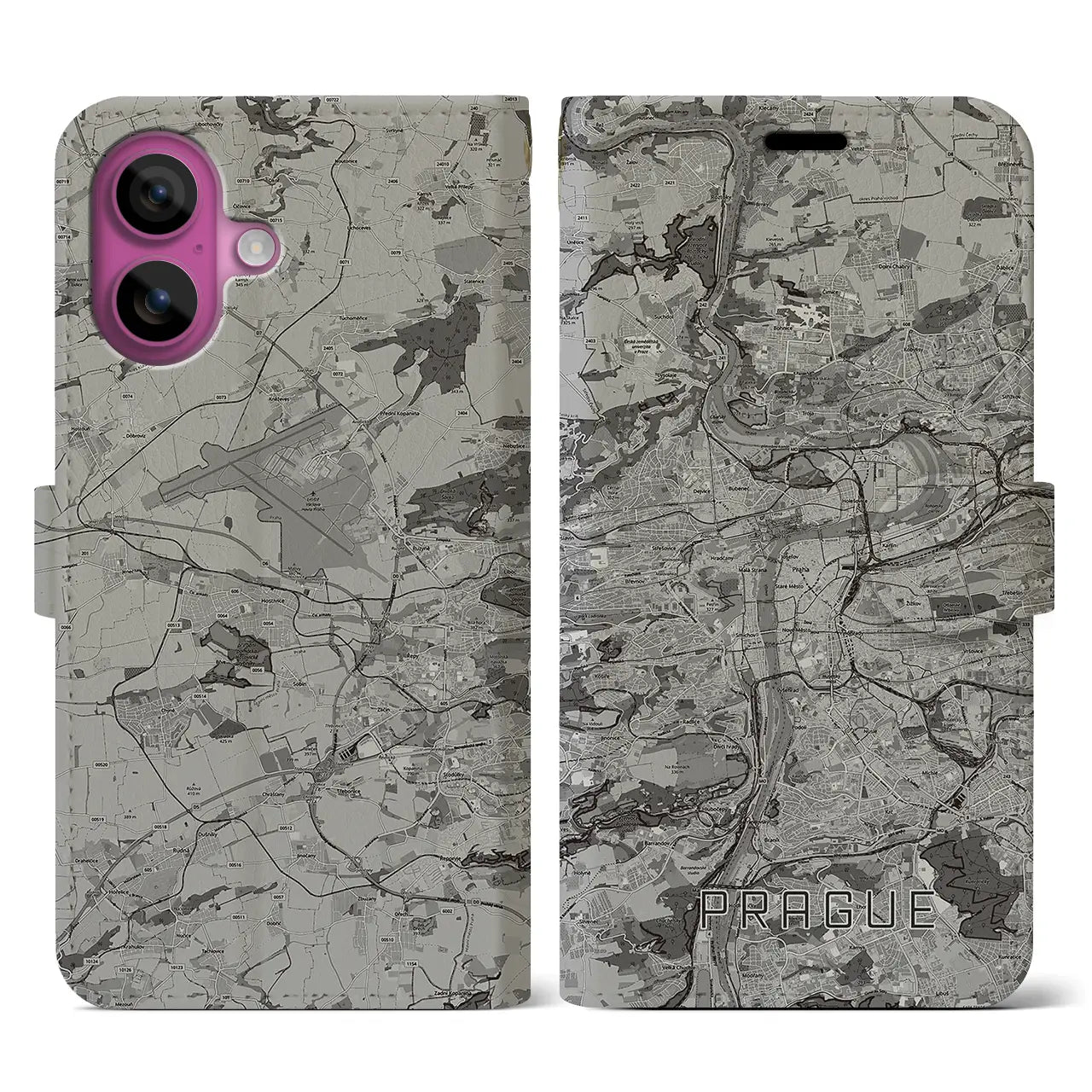 【プラハ(チェコ)】地図柄iPhoneケース(手帳タイプ)モノトーン・iPhone 16 Pro 用