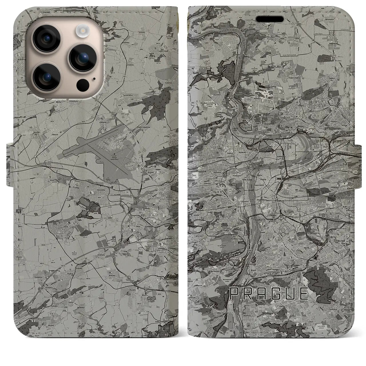 【プラハ(チェコ)】地図柄iPhoneケース(手帳タイプ)モノトーン・iPhone 16 Plus 用