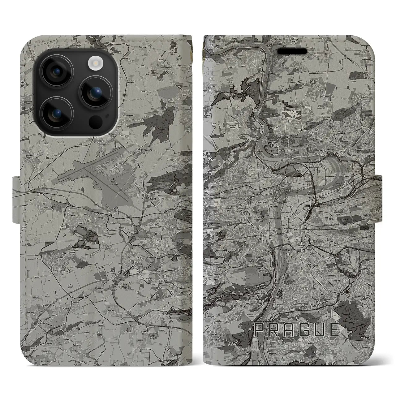【プラハ(チェコ)】地図柄iPhoneケース(手帳タイプ)モノトーン・iPhone 16 用