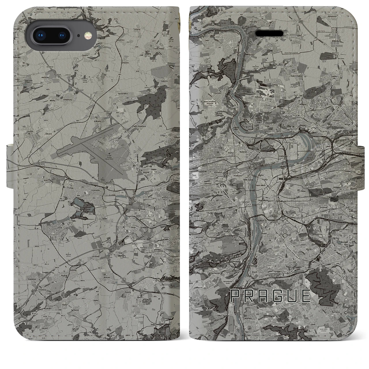 【プラハ(チェコ)】地図柄iPhoneケース(手帳タイプ)モノトーン・iPhone 8Plus /7Plus / 6sPlus / 6Plus 用
