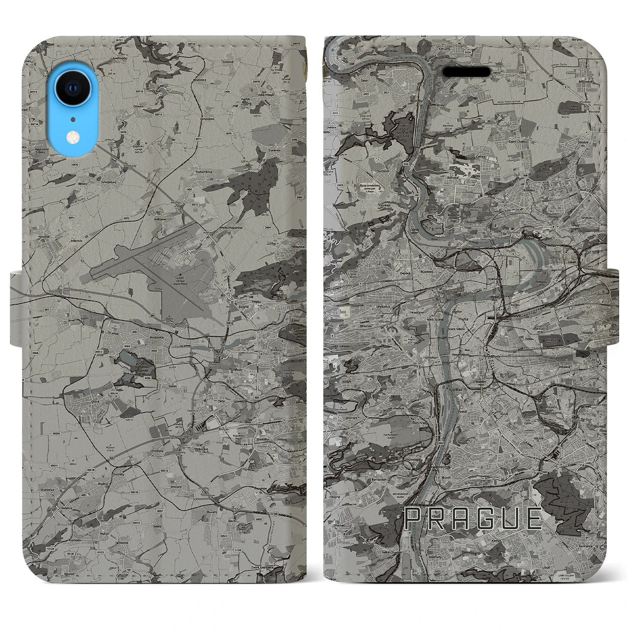 【プラハ(チェコ)】地図柄iPhoneケース(手帳タイプ)モノトーン・iPhone XR 用