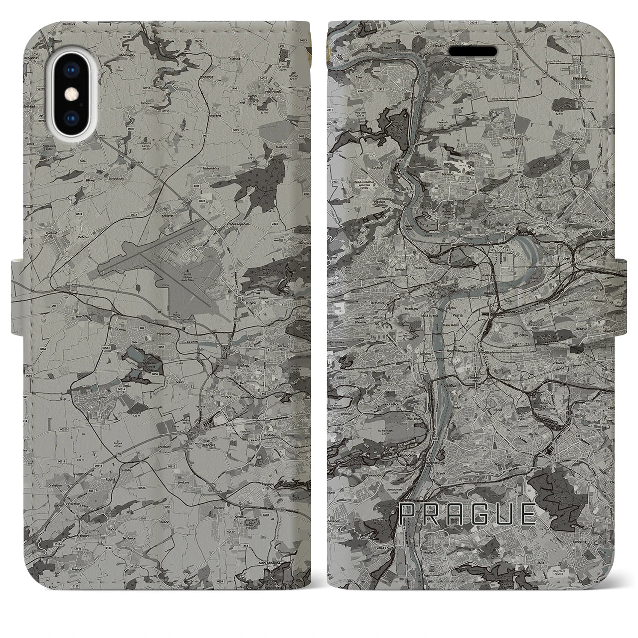 【プラハ(チェコ)】地図柄iPhoneケース(手帳タイプ)モノトーン・iPhone XS Max 用