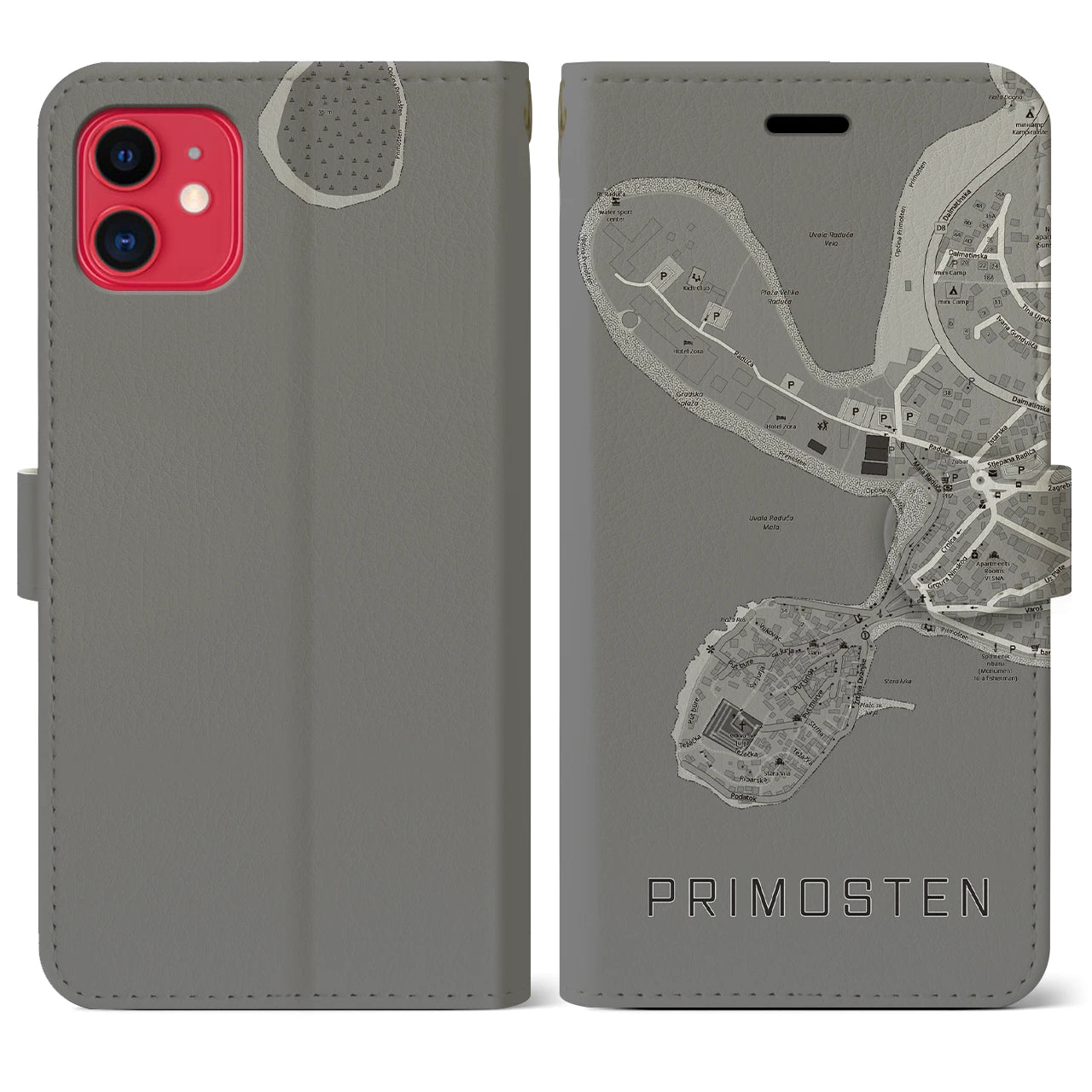 【プリモシュテン(クロアチア)】地図柄iPhoneケース(手帳タイプ)モノトーン・iPhone 11 用