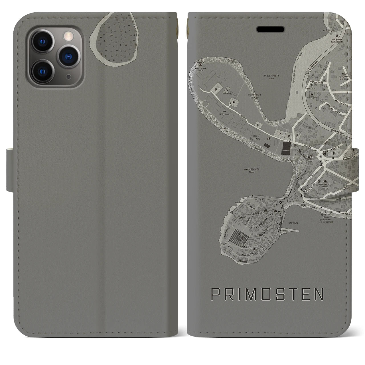 【プリモシュテン(クロアチア)】地図柄iPhoneケース(手帳タイプ)モノトーン・iPhone 11 Pro Max 用