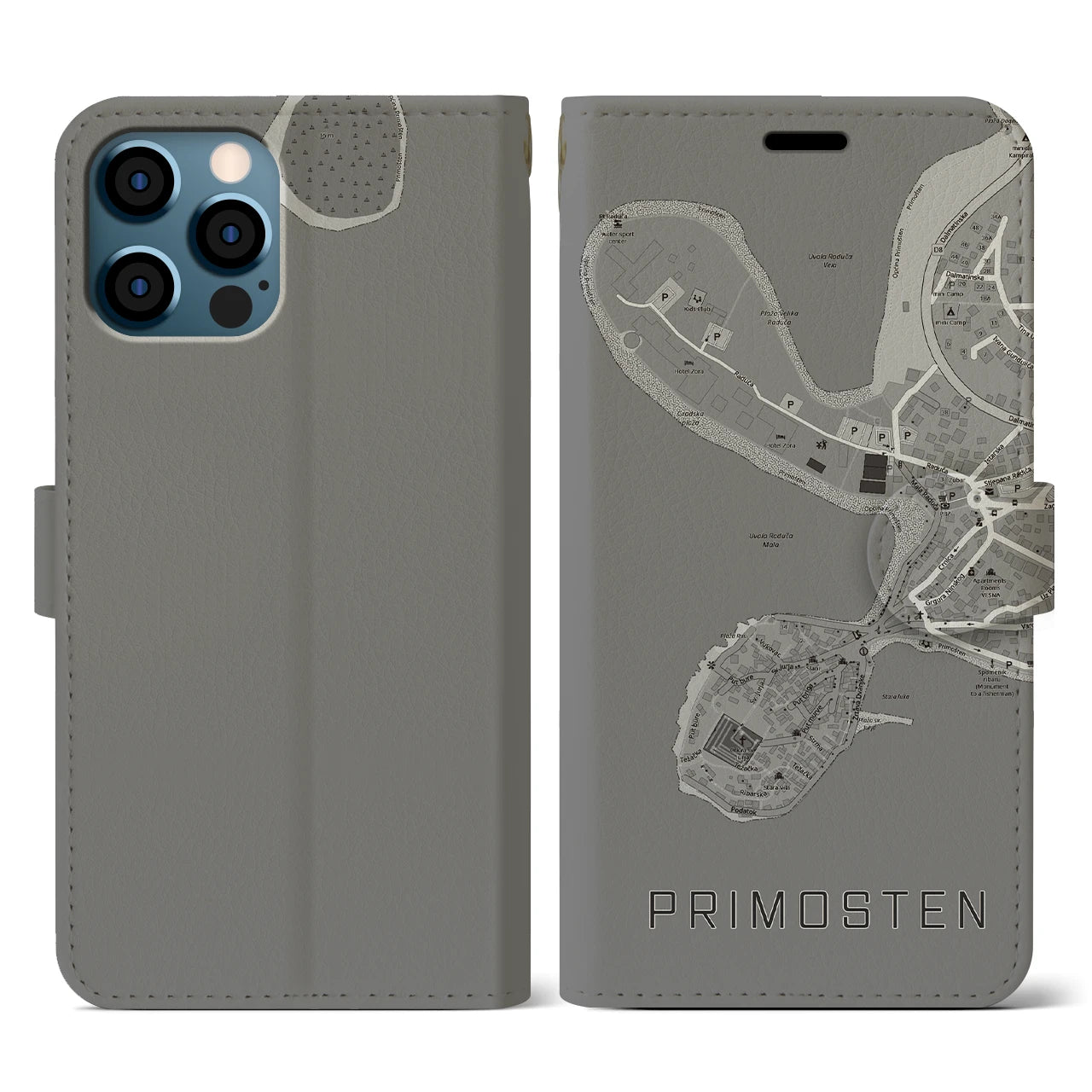 【プリモシュテン(クロアチア)】地図柄iPhoneケース(手帳タイプ)モノトーン・iPhone 12 / 12 Pro 用