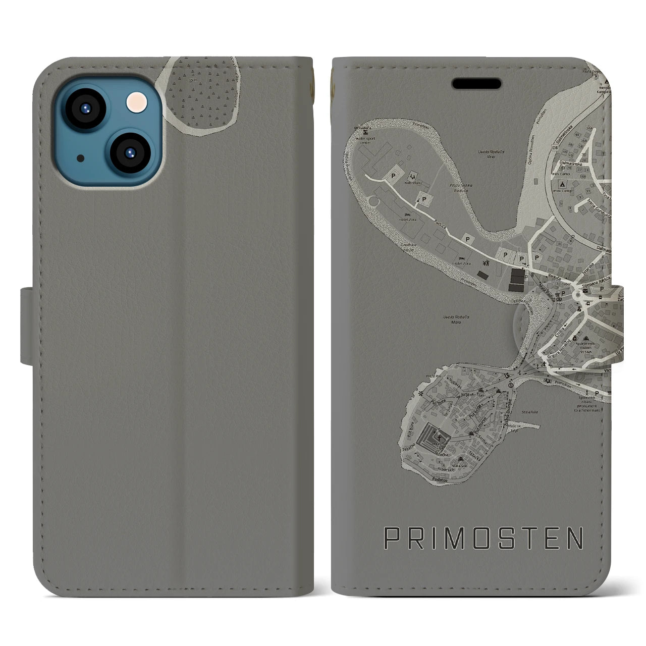 【プリモシュテン(クロアチア)】地図柄iPhoneケース(手帳タイプ)モノトーン・iPhone 13 用