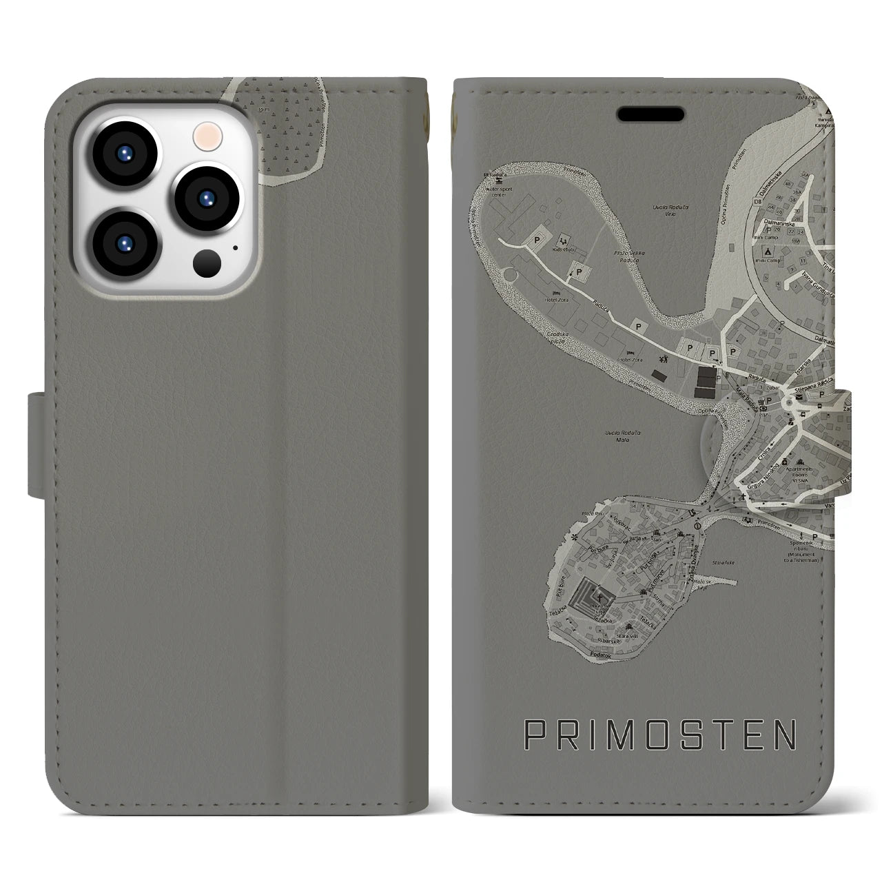【プリモシュテン(クロアチア)】地図柄iPhoneケース(手帳タイプ)モノトーン・iPhone 13 Pro 用